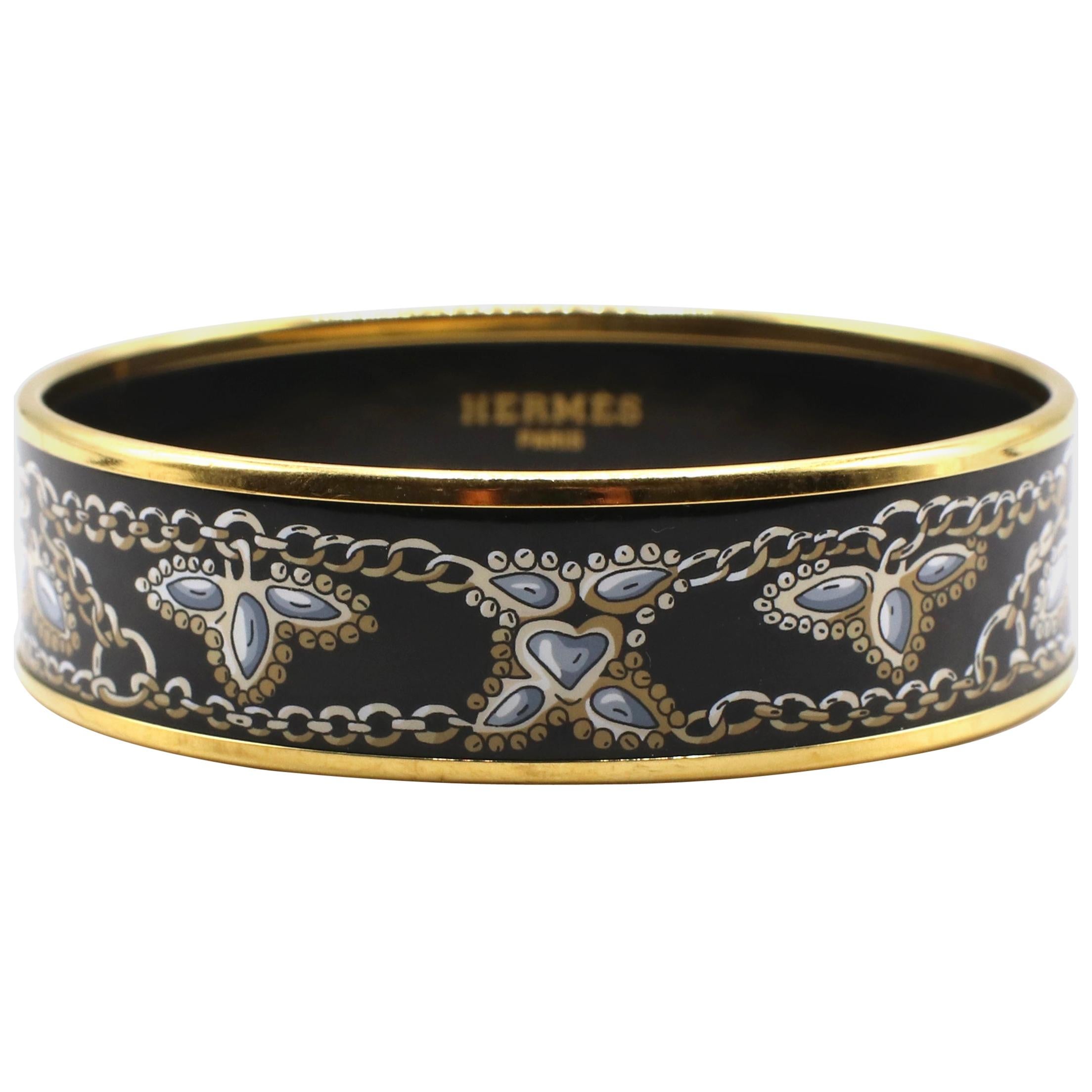 Hermes 18K Yellow Gold-Plated Enamel Bangle Bracelet Black & Gold Chain Design
