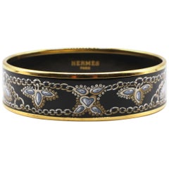 Retro Hermes 18K Yellow Gold-Plated Enamel Bangle Bracelet Black & Gold Chain Design