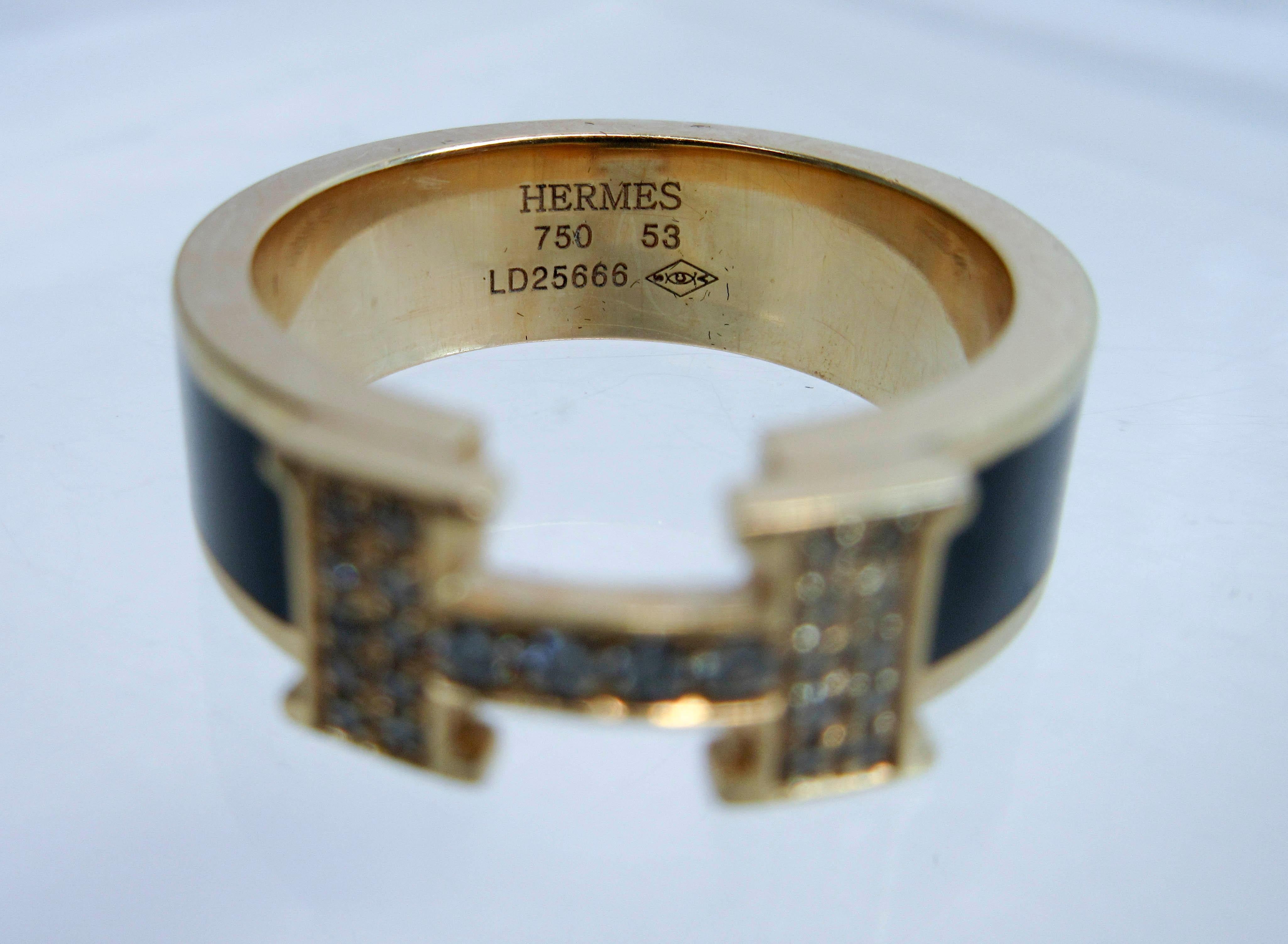 Hermes 18 Karat Rose Gold and Enamel Pavé Logo Ring 10