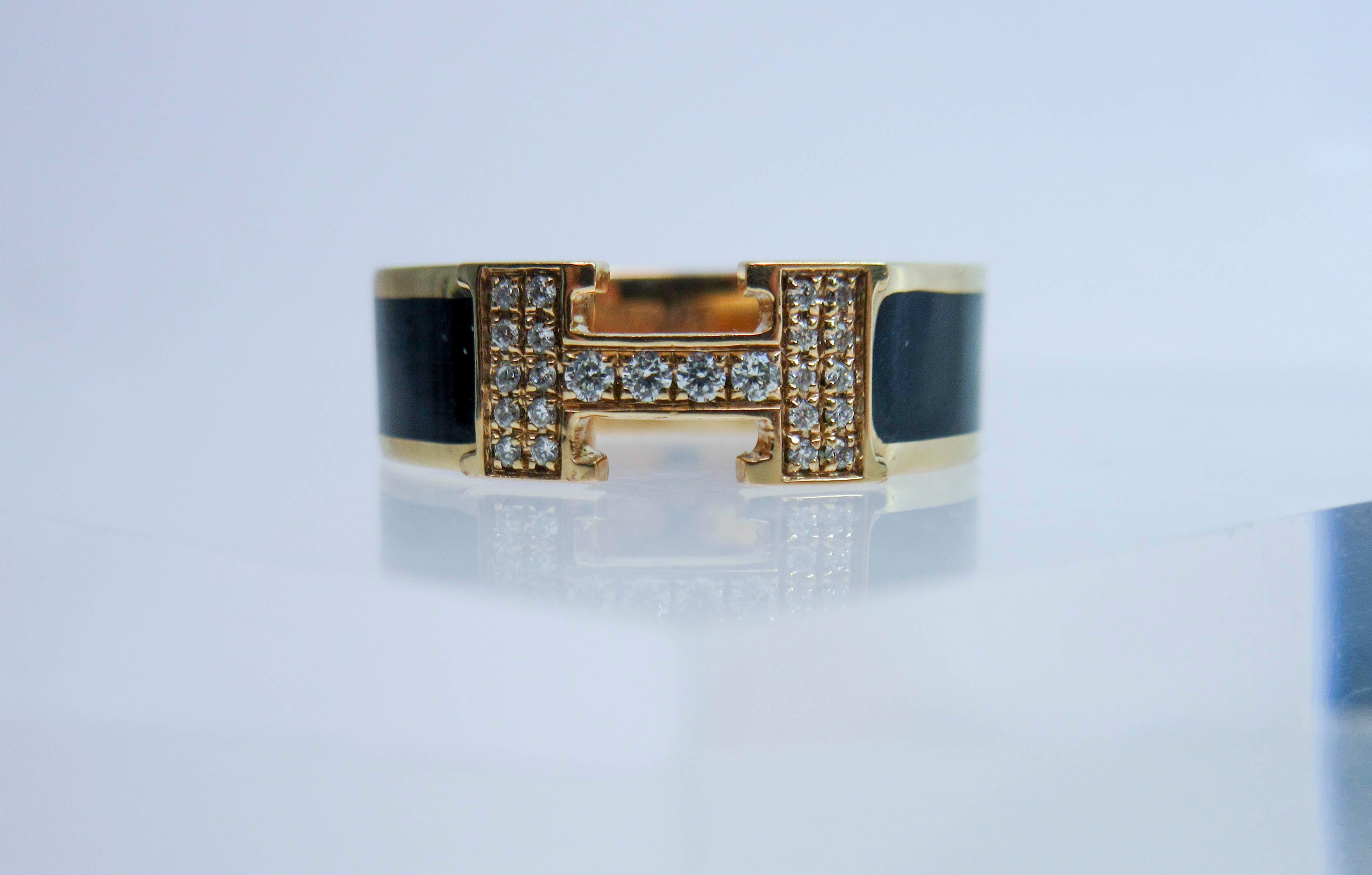 Hermes 18 Karat Rose Gold and Enamel Pavé Logo Ring In Excellent Condition In Los Angeles, CA