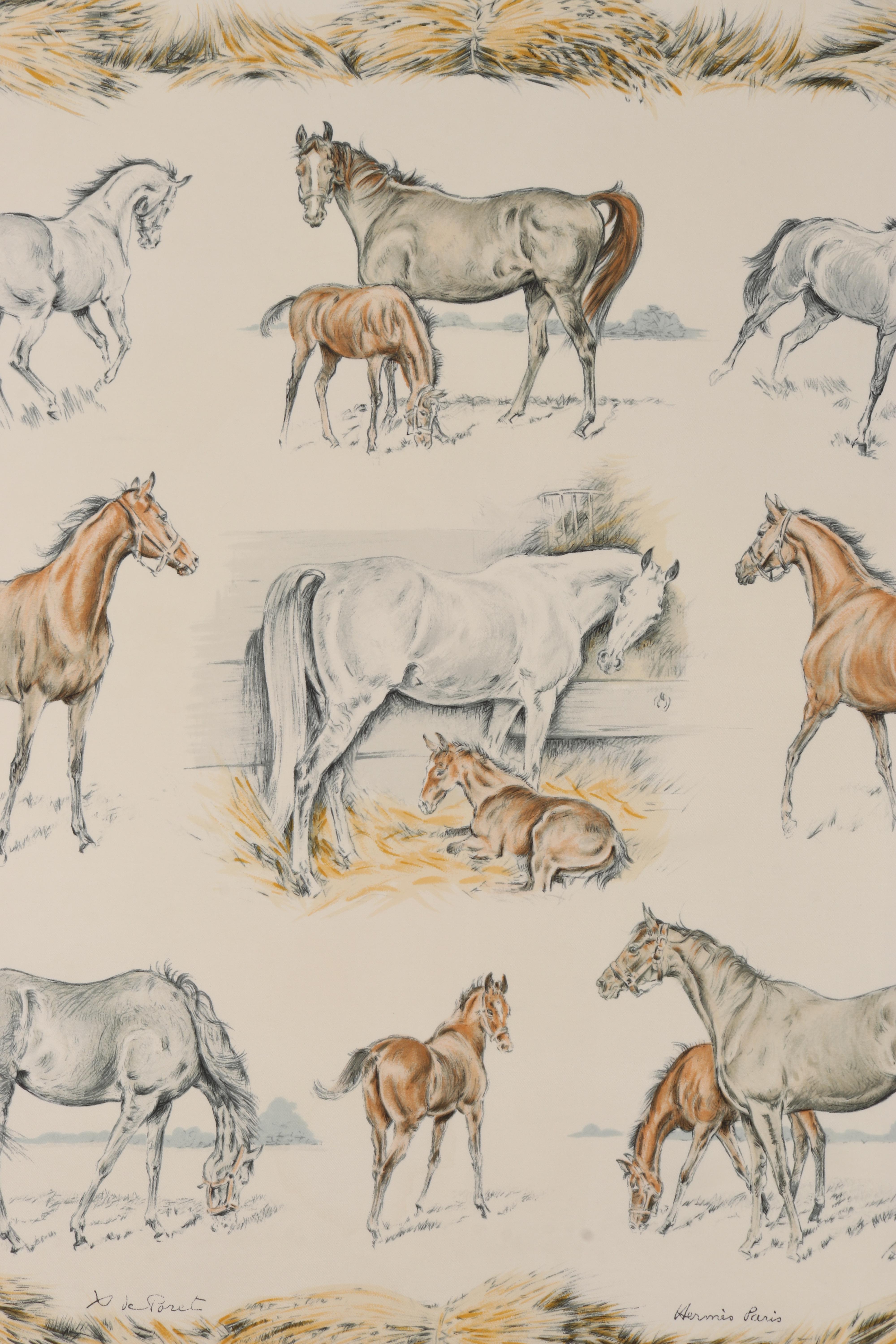 HERMES 1960 Xavier De Poret “Les Poulains” Horse Print Square Silk Scarf  In Good Condition In Thiensville, WI