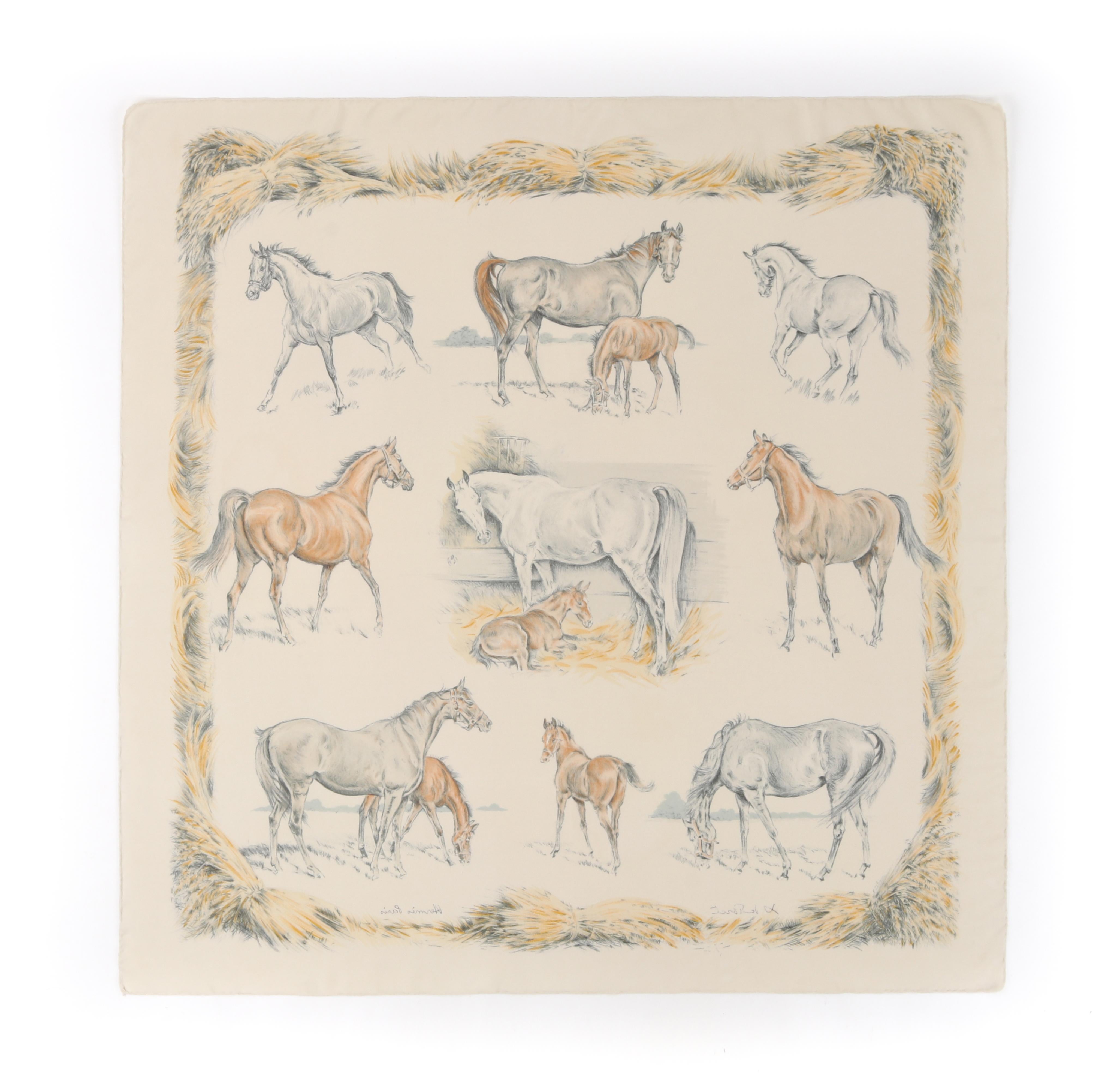Women's or Men's HERMES 1960 Xavier De Poret “Les Poulains” Horse Print Square Silk Scarf 