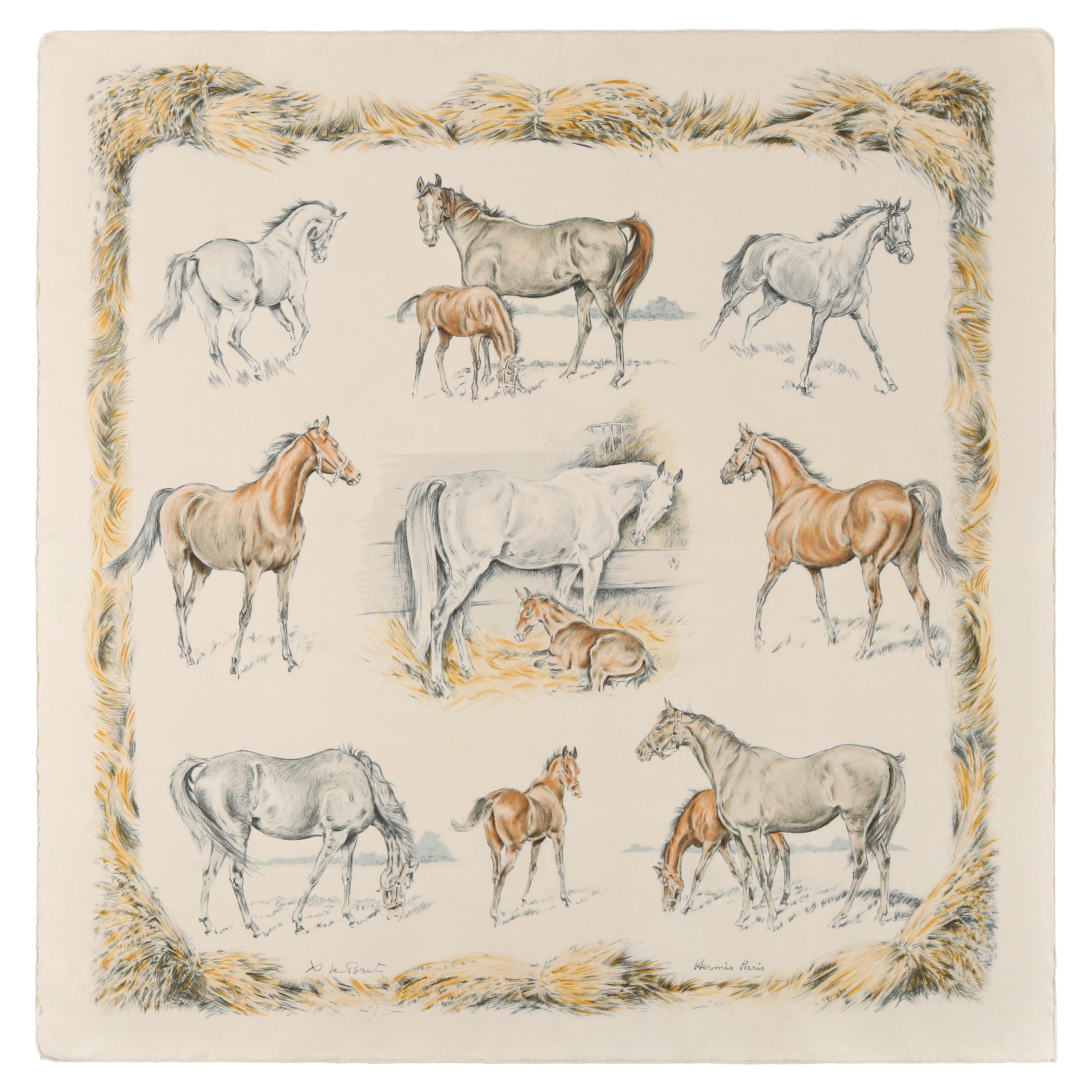 HERMES 1960 Xavier De Poret “Les Poulains” Horse Print Square Silk Scarf