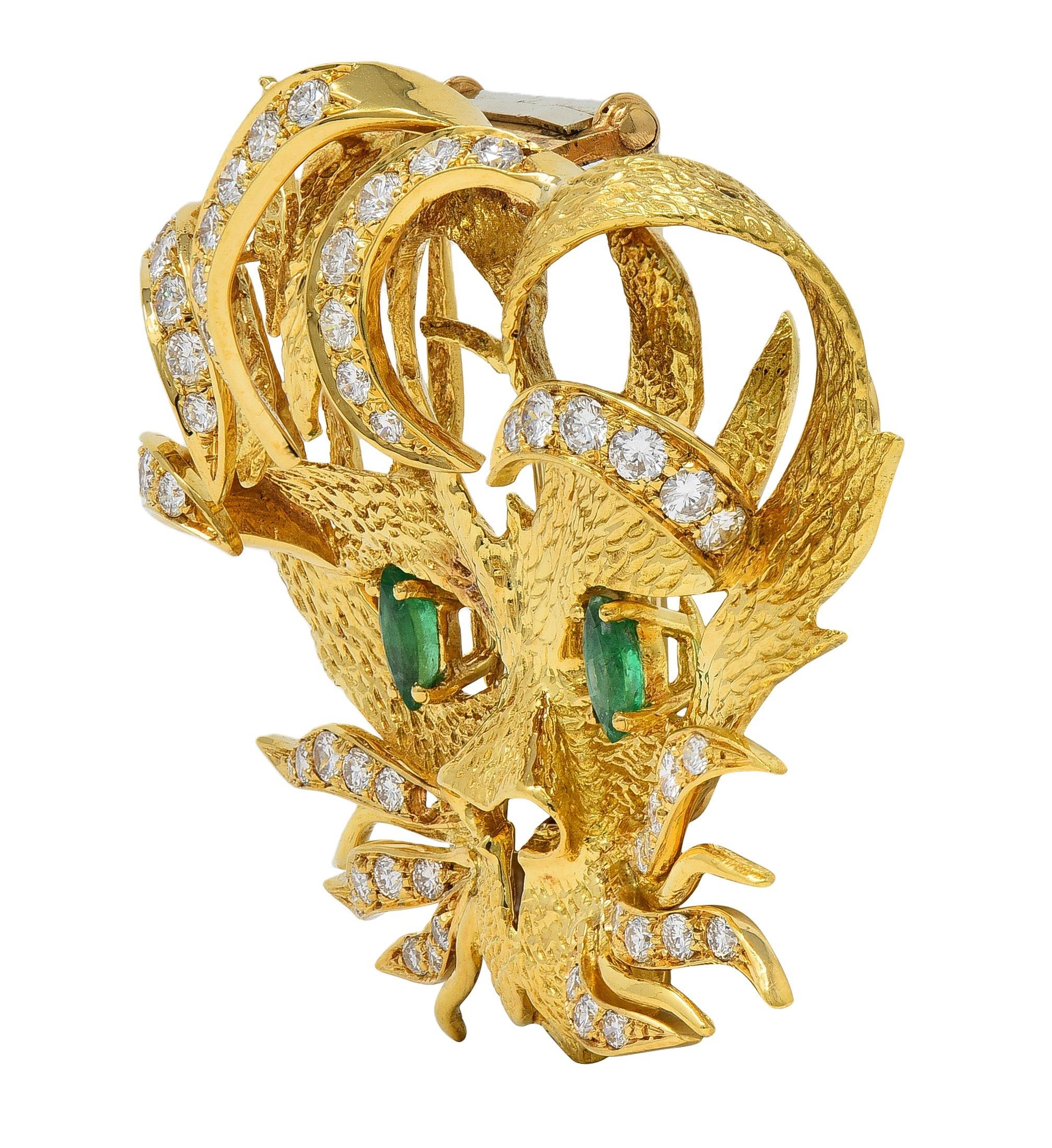 Moderne Hermès 1960's Emerald Diamond 18 Karat Yellow Gold Vintage Mistigri Cat Brooch en vente
