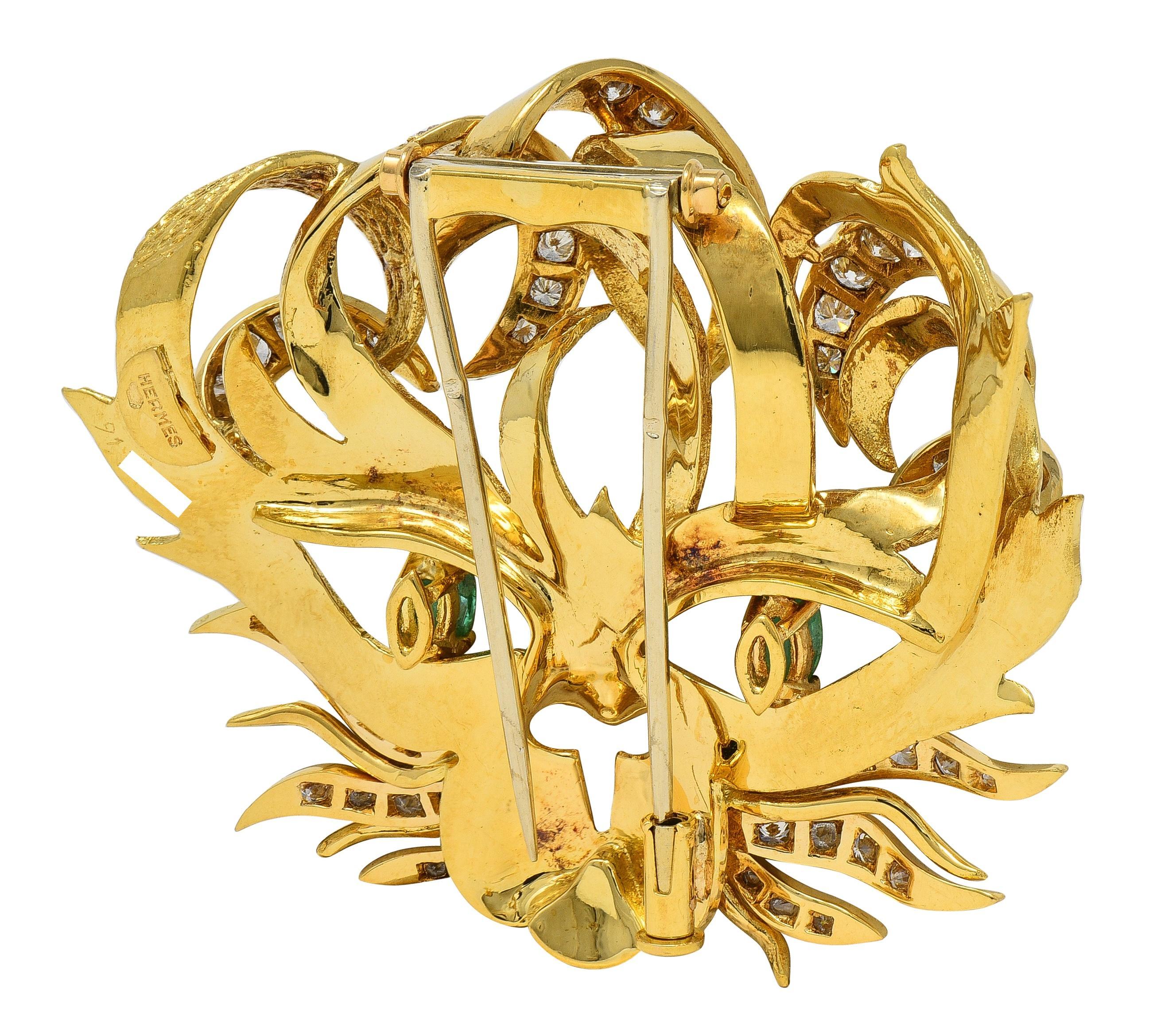 Taille Marquise Hermès 1960's Emerald Diamond 18 Karat Yellow Gold Vintage Mistigri Cat Brooch en vente