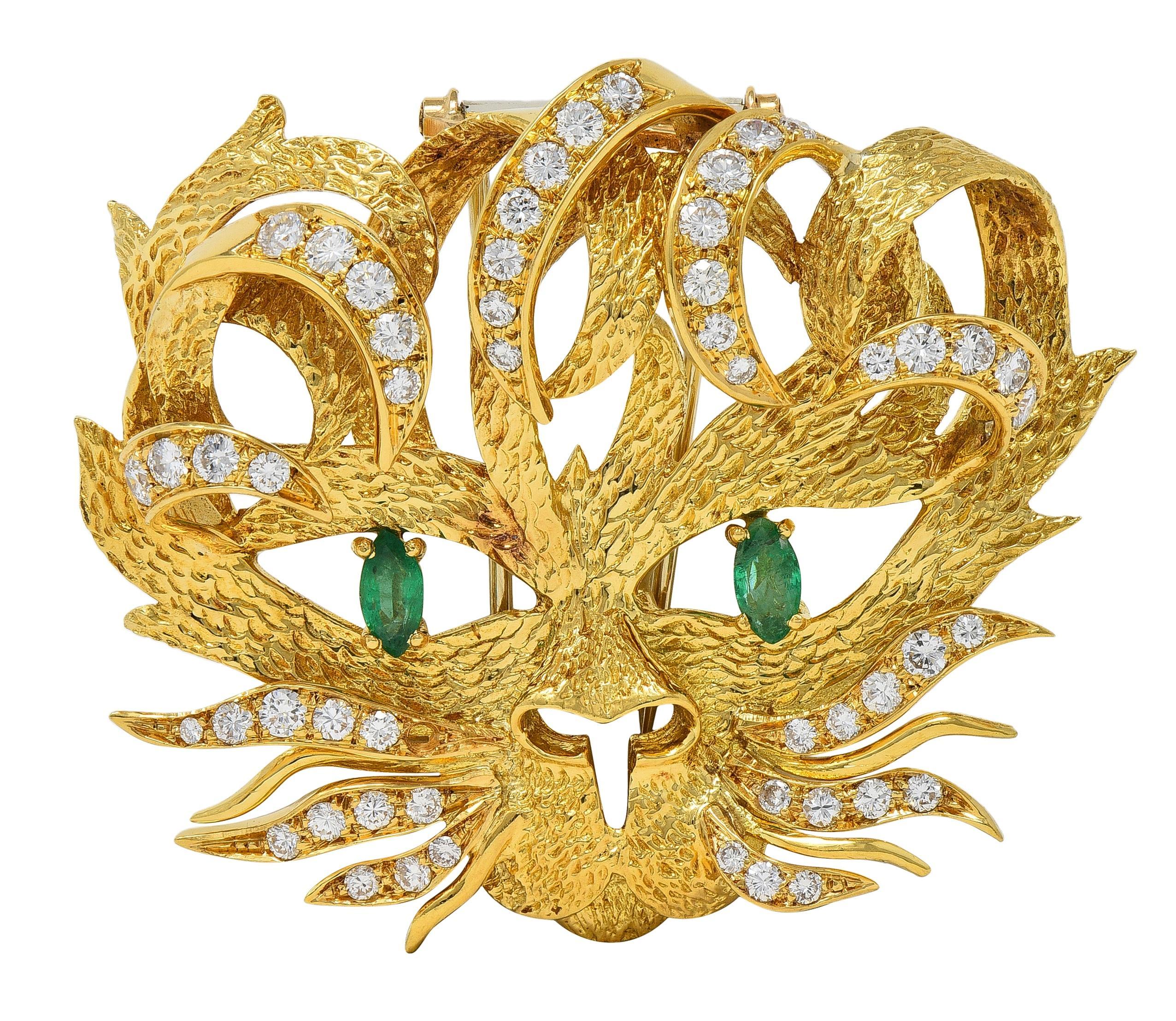 Hermès 1960's Emerald Diamond 18 Karat Yellow Gold Vintage Mistigri Cat Brooch