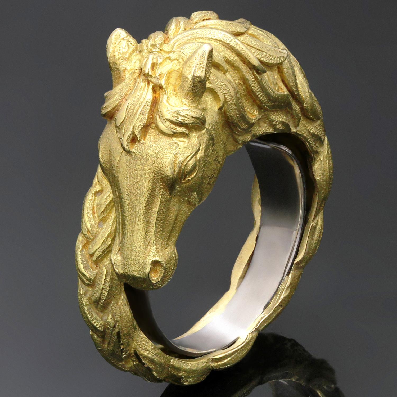 This extremely rare authentic Hermes ring features a gorgeous horse head design with a braided band crafted in textured 18k yellow gold. The ring has an inner guard for an adjustable ring US size of 5.5 to size 7. Completed with Hermes Paris French