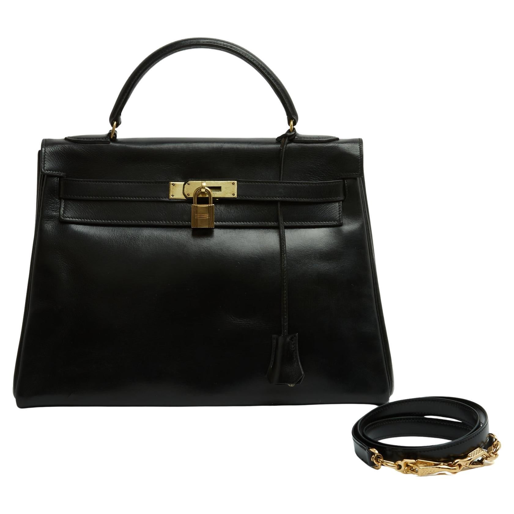 Hermès 1960 Sac Kelly 32 Bandouliere Black Box Pelle Borsa a mano tracolla Hermes in vendita