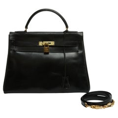 Hermès 1960s Sac Kelly 32 Bandouliere Black Box Leather Hand Bag strap Hermes