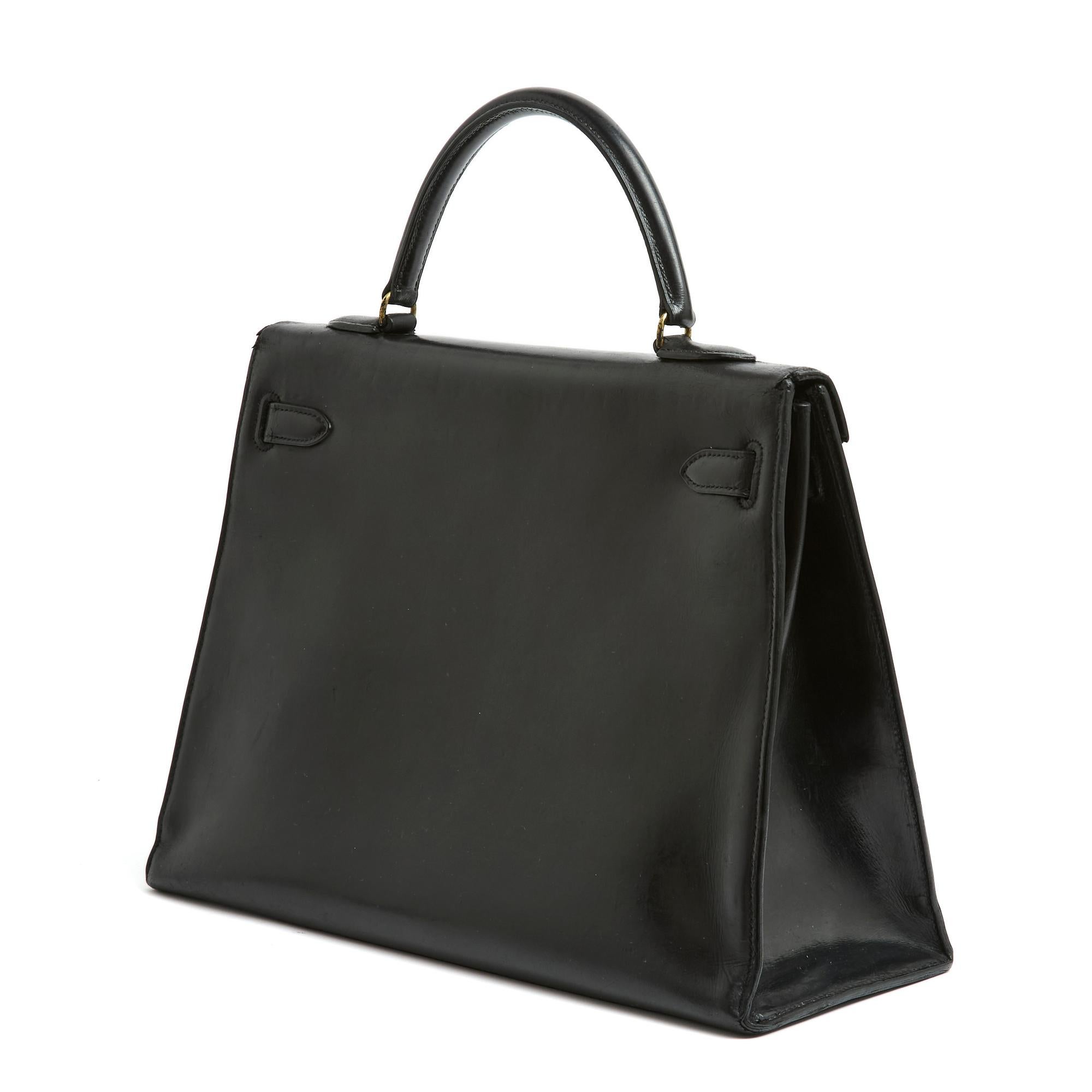 Hermès 1960s Sac Kelly 35 Sellier Black Box Leather Hand Bag Hermes In Fair Condition In PARIS, FR