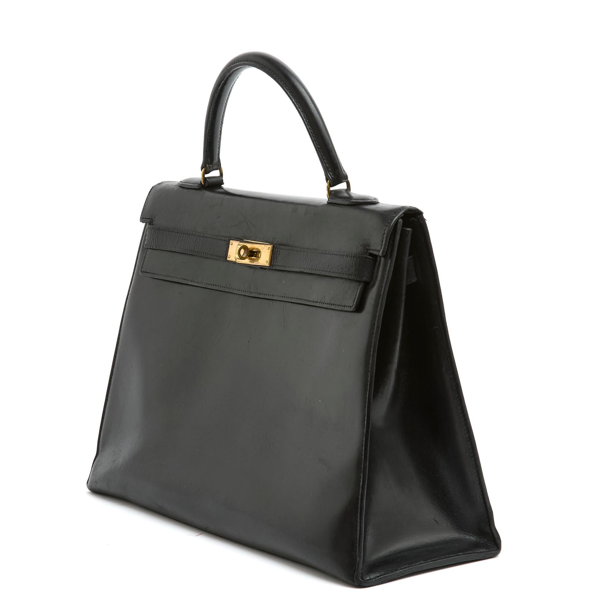 Hermès 1960s Sac Kelly 35 Sellier Black Box Leather Hand Bag Hermes 1
