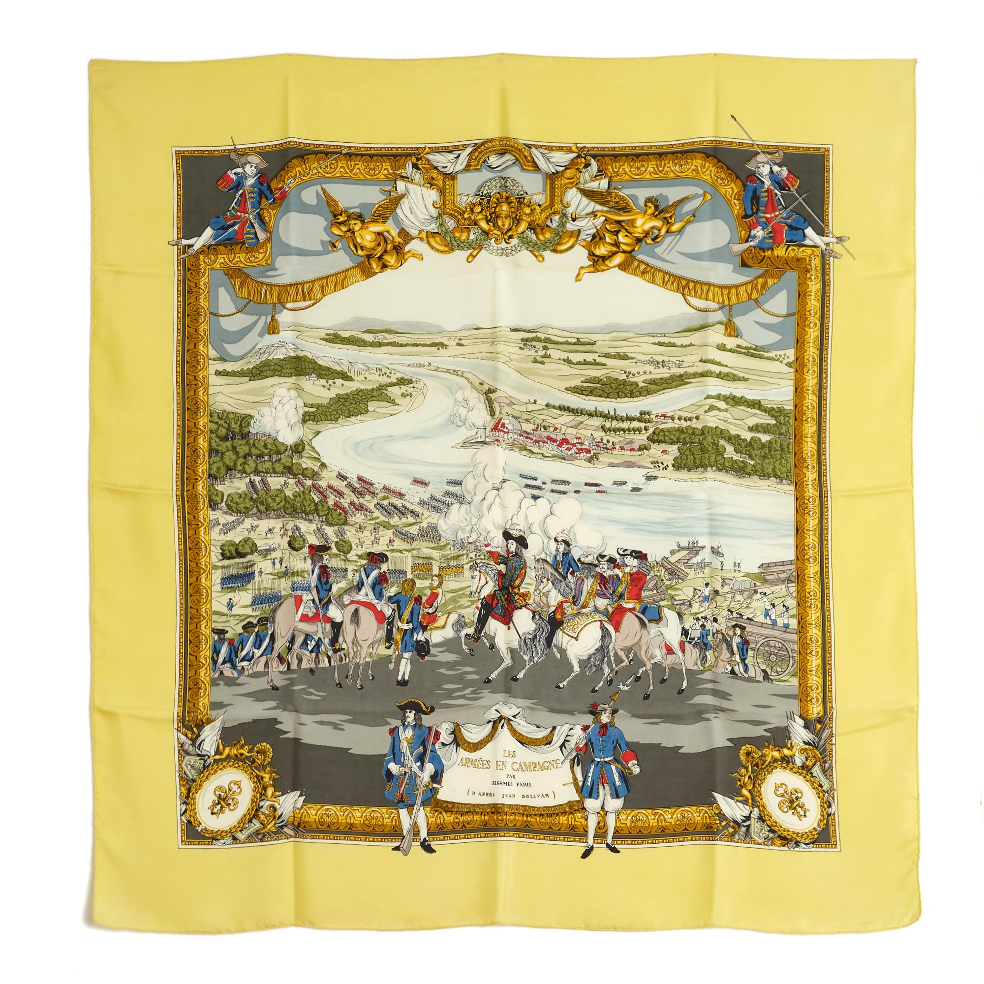 Hermès square 90 scarf in silk twill, Armies in the countryside pattern created by Lise Coutin after Juan Bolivar, published in 1961, with light yellow edge. Width 90 cm x length 90 cm approximately. The square is vintage and it probably shows some