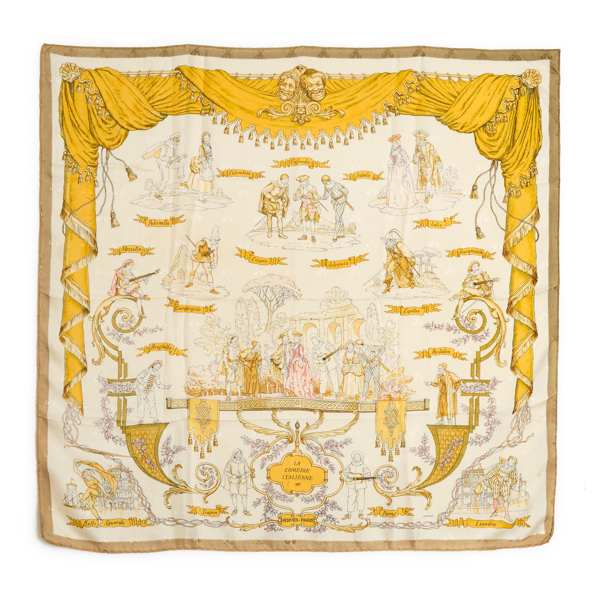 Hermès square 90 scarf in damask silk twill, La ComédieItalienne pattern by Philippe Ledoux published in 1962 and re-edited in 1993, golden yellow tones, ecru background, taupe edges, the damask weave revealing musical instruments. Width 90 cm x