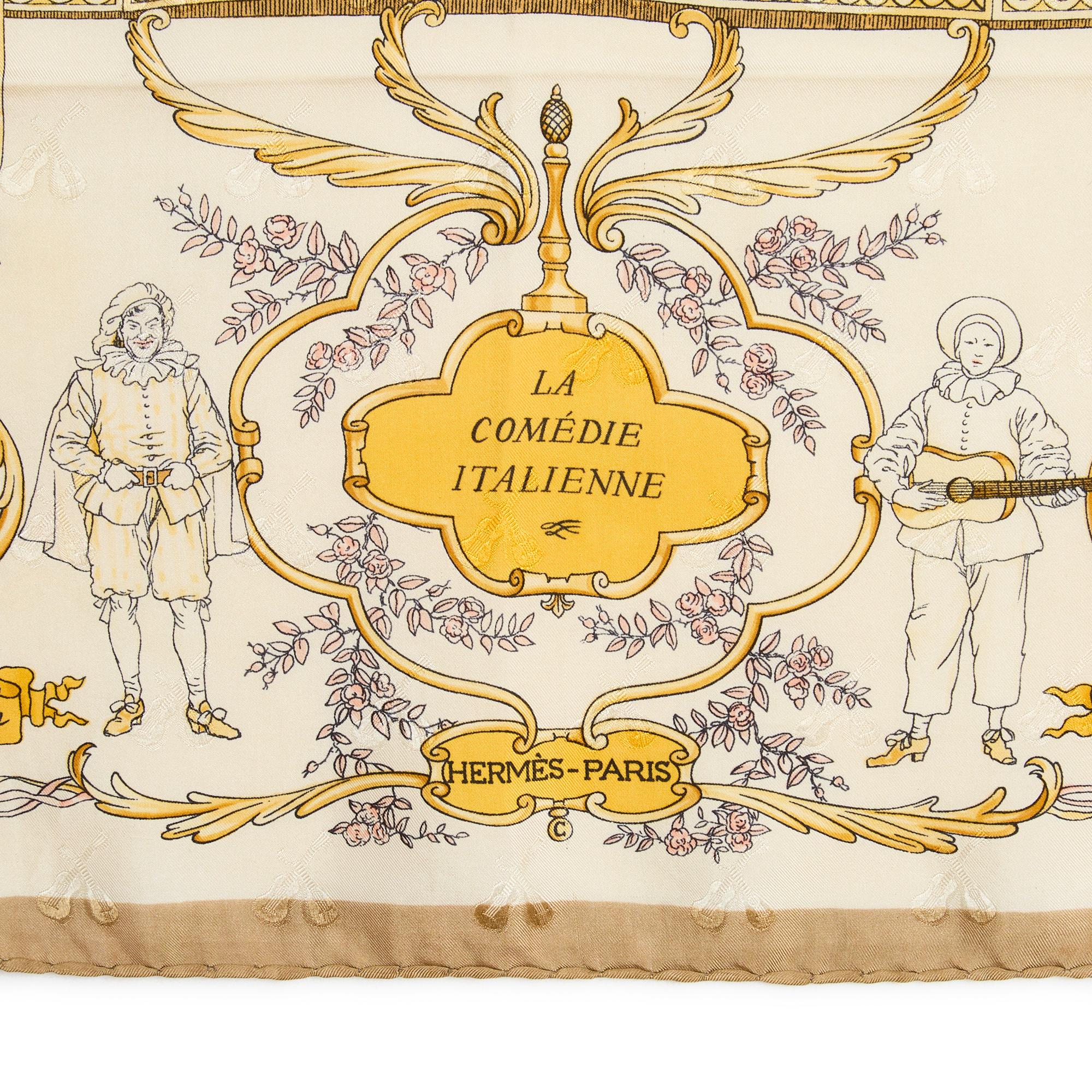 Beige Hermès 1962 Foulard Soie Carré 90 La Comedie Italienne Silk Scarf Multicolor For Sale