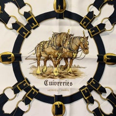 Hermes 1963 Cuivreris Red Gold White Black Horses Silk Twill Scarf