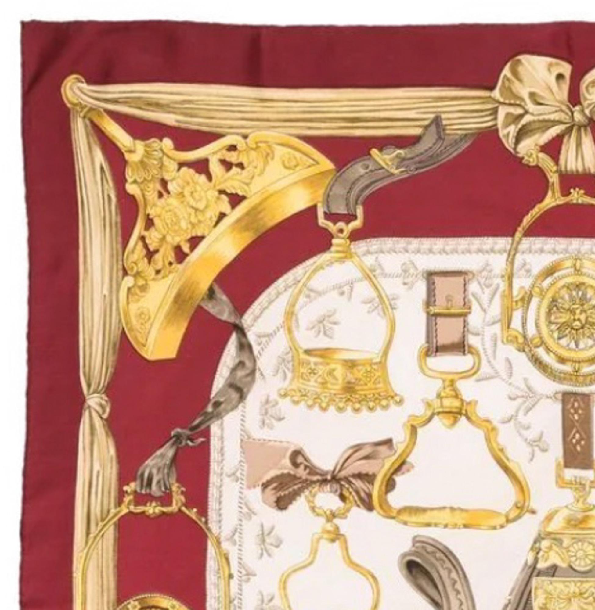 Hermes silk scarf Etriers by F.de la Perriere featuring a red border.
Circa 1964 
In good vintage condition. Made in France.
35,4in. (90cm)  X 35,4in. (90cm)
We guarantee you will receive this  iconic item as described and showed on photos.
(please