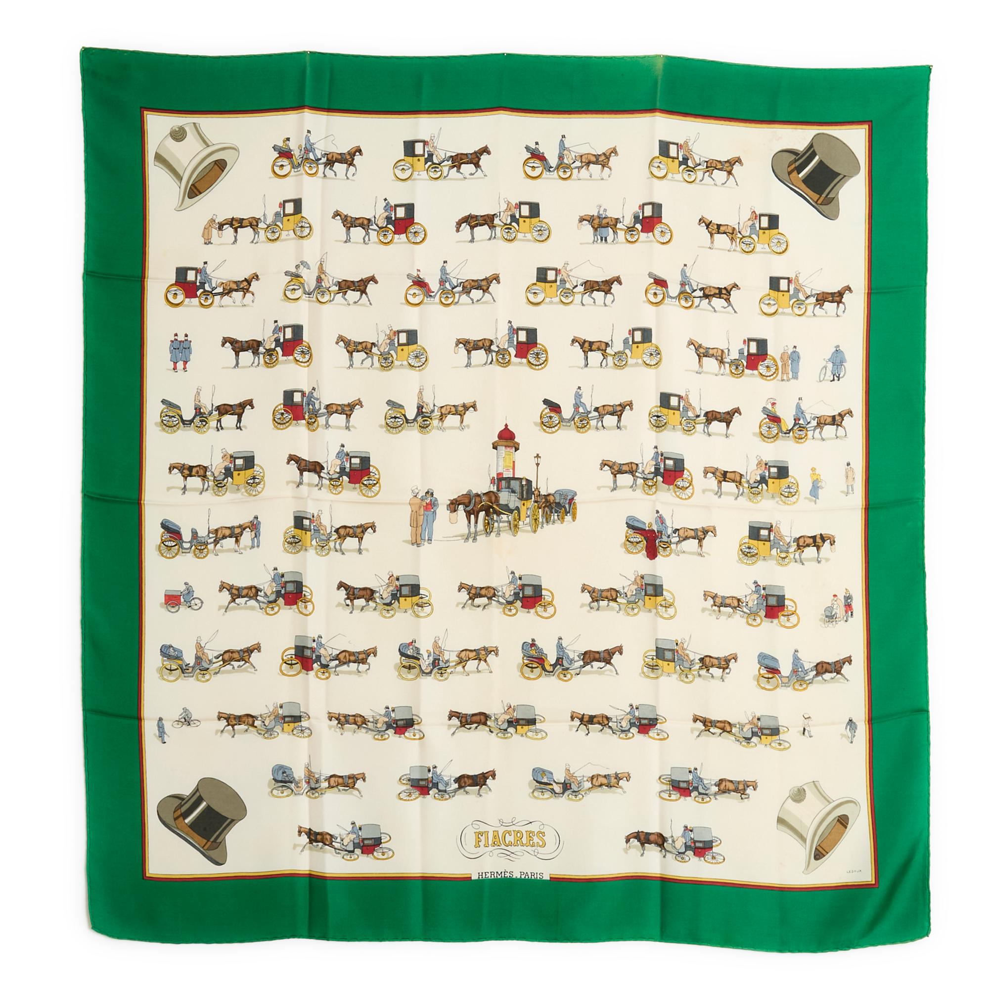 Hermès square 90 scarf in silk twill, Fiacres pattern by Philippe Ledoux, published in 1965 and never reissued, with green edge. Width 90 cm x length 90 cm approximately. The square is vintage (and rare) and it shows some traces of its age but it