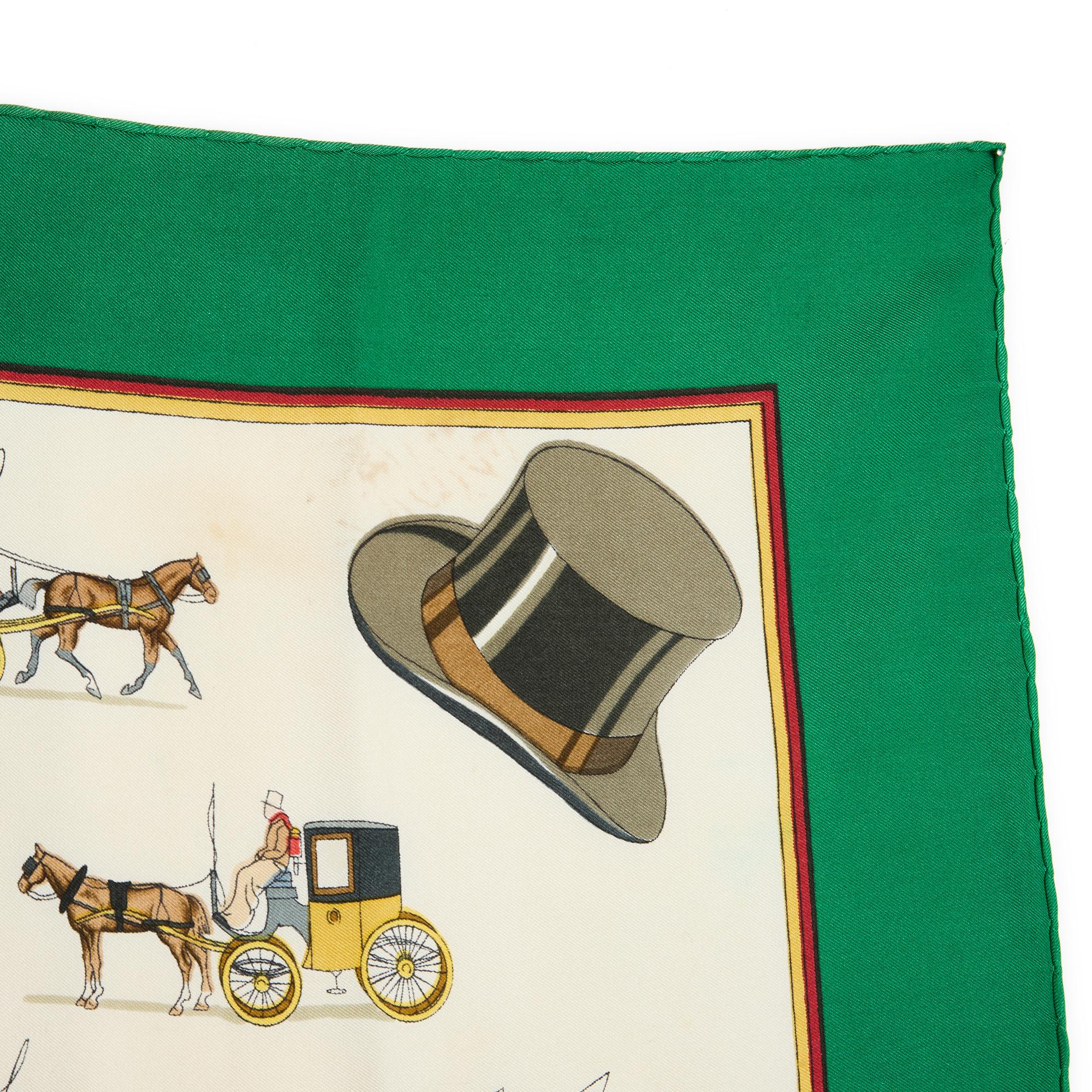 Hermès 1965 Foulard Carré 90 Fiacres Philippe Ledoux Scarf Green In Good Condition In PARIS, FR