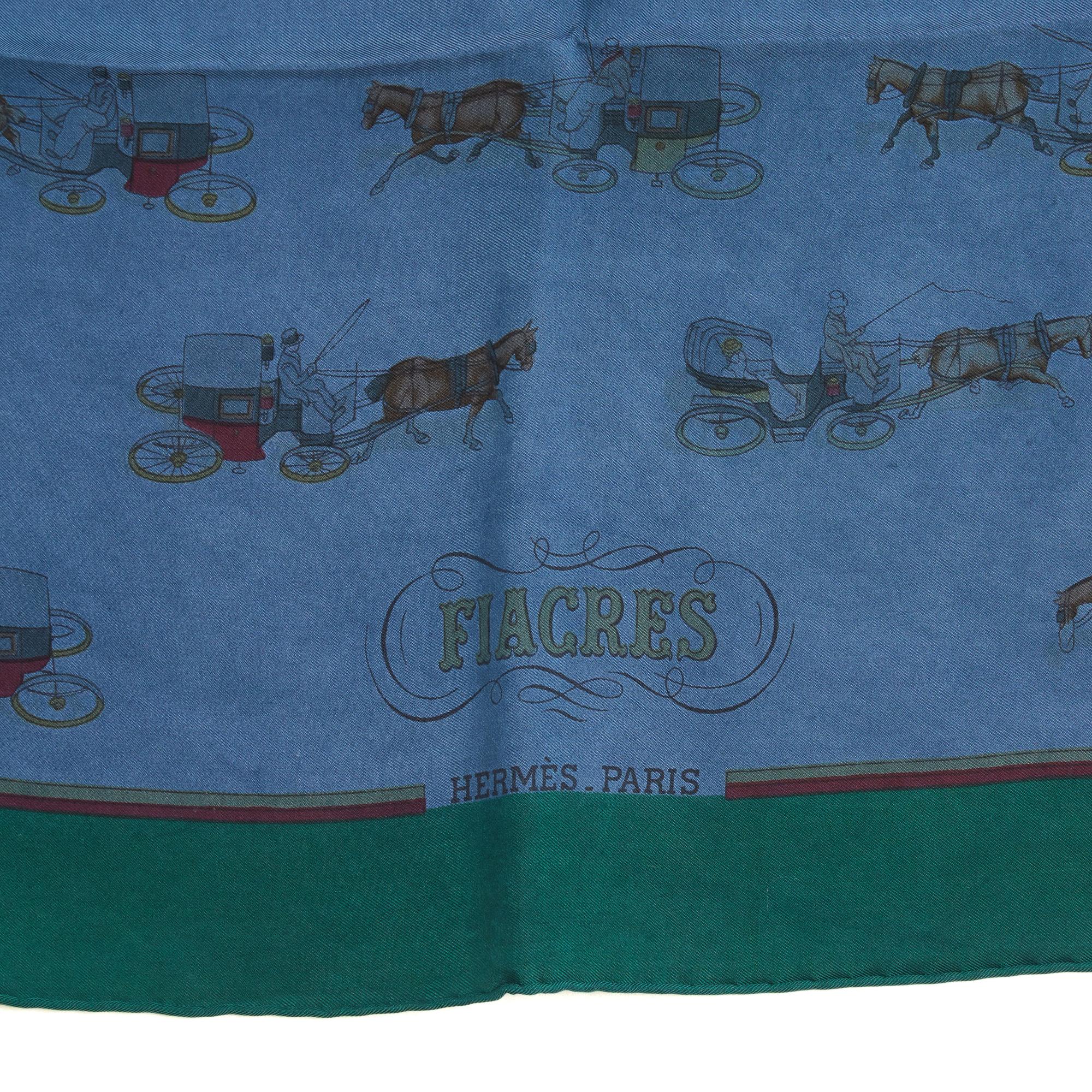 Hermès 1965 Foulard Carre 90 Les Fiacres Bufanda de sarga de seda teñida azul Hermes Azul en venta