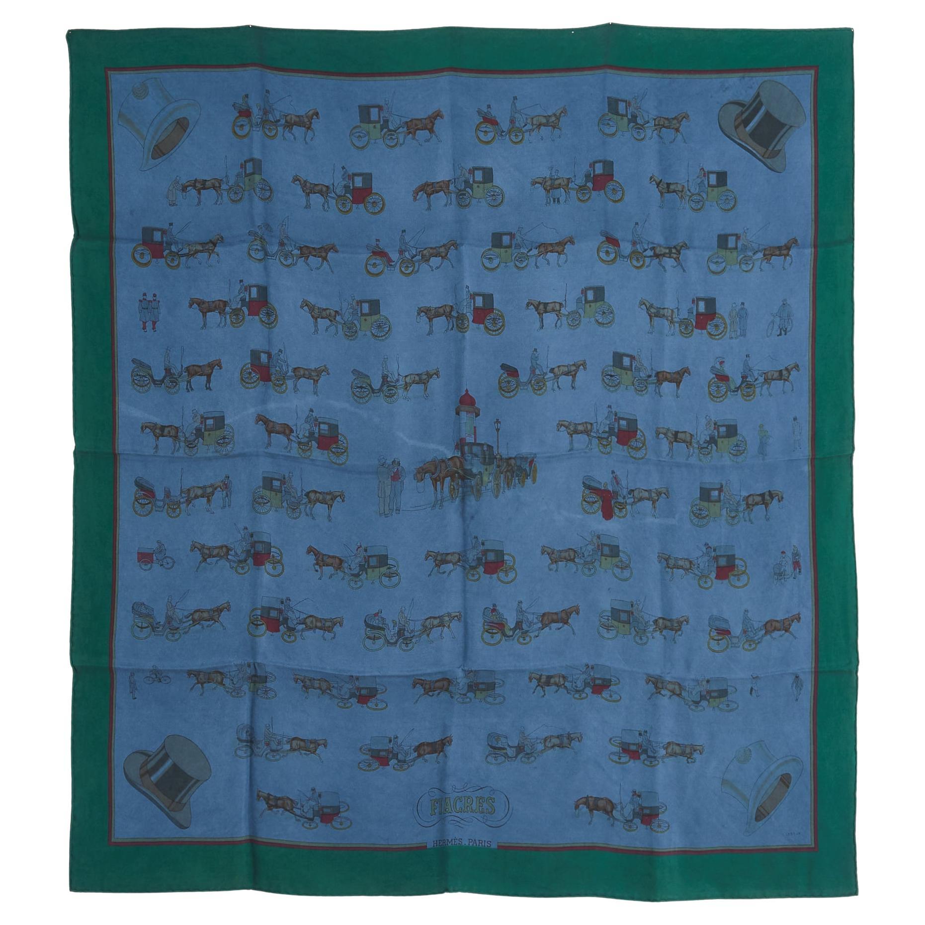 Hermès 1965 Foulard Carre 90 Les Fiacres Bufanda de sarga de seda teñida azul Hermes
