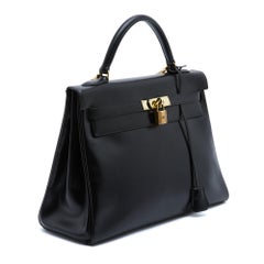 Hermès 1965s Sac Kelly 32 Bandouliere Schwarz Box Leder Handtasche Riemen Hermes