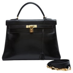 Hermès 1965s Sac Kelly 32 Bandouliere Schwarz Box Leder Handtasche Riemen Hermes