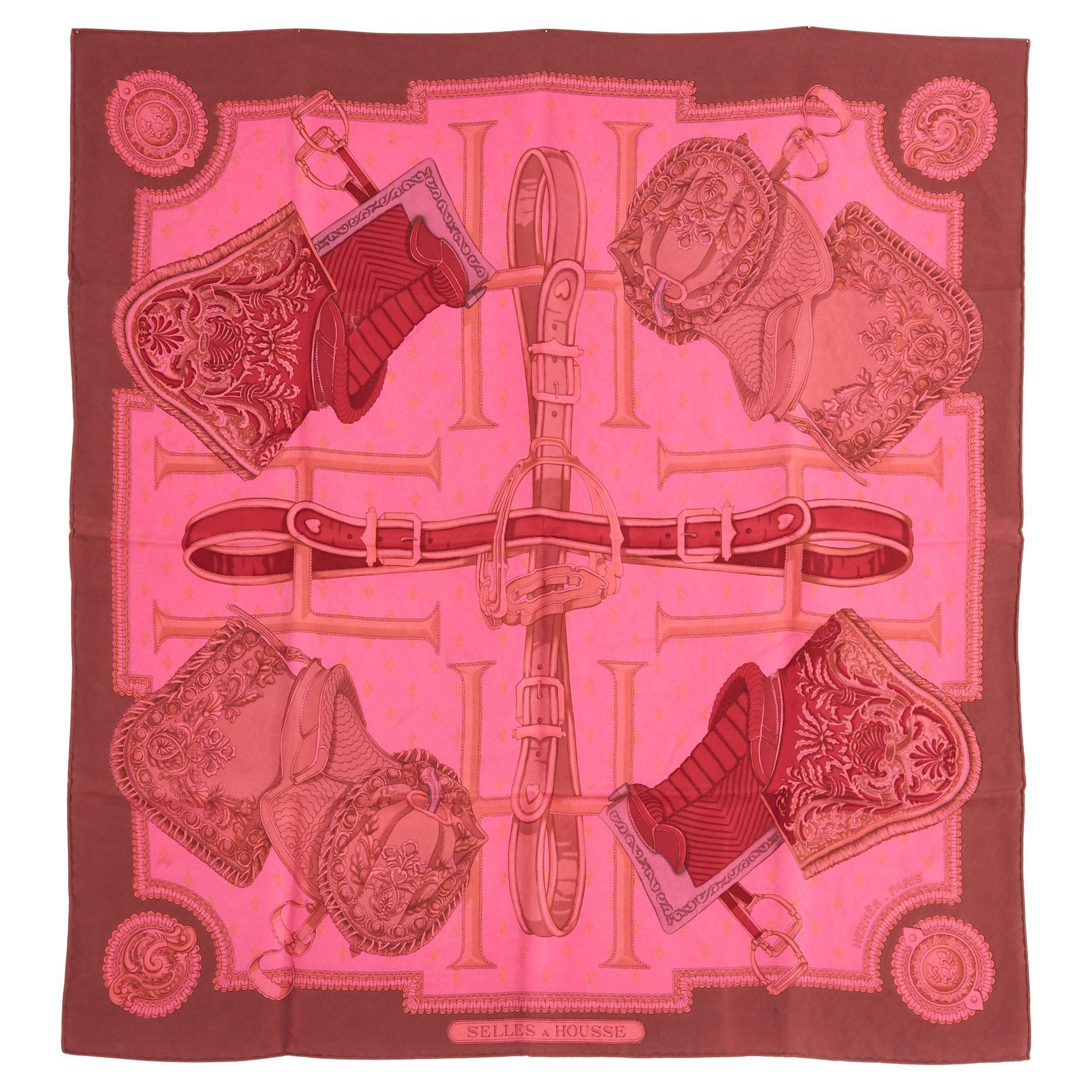 Hermès 1967 Foulard Carre 90 Selles a Housse Pink Dyed Silk Twill Scarf Hermes For Sale