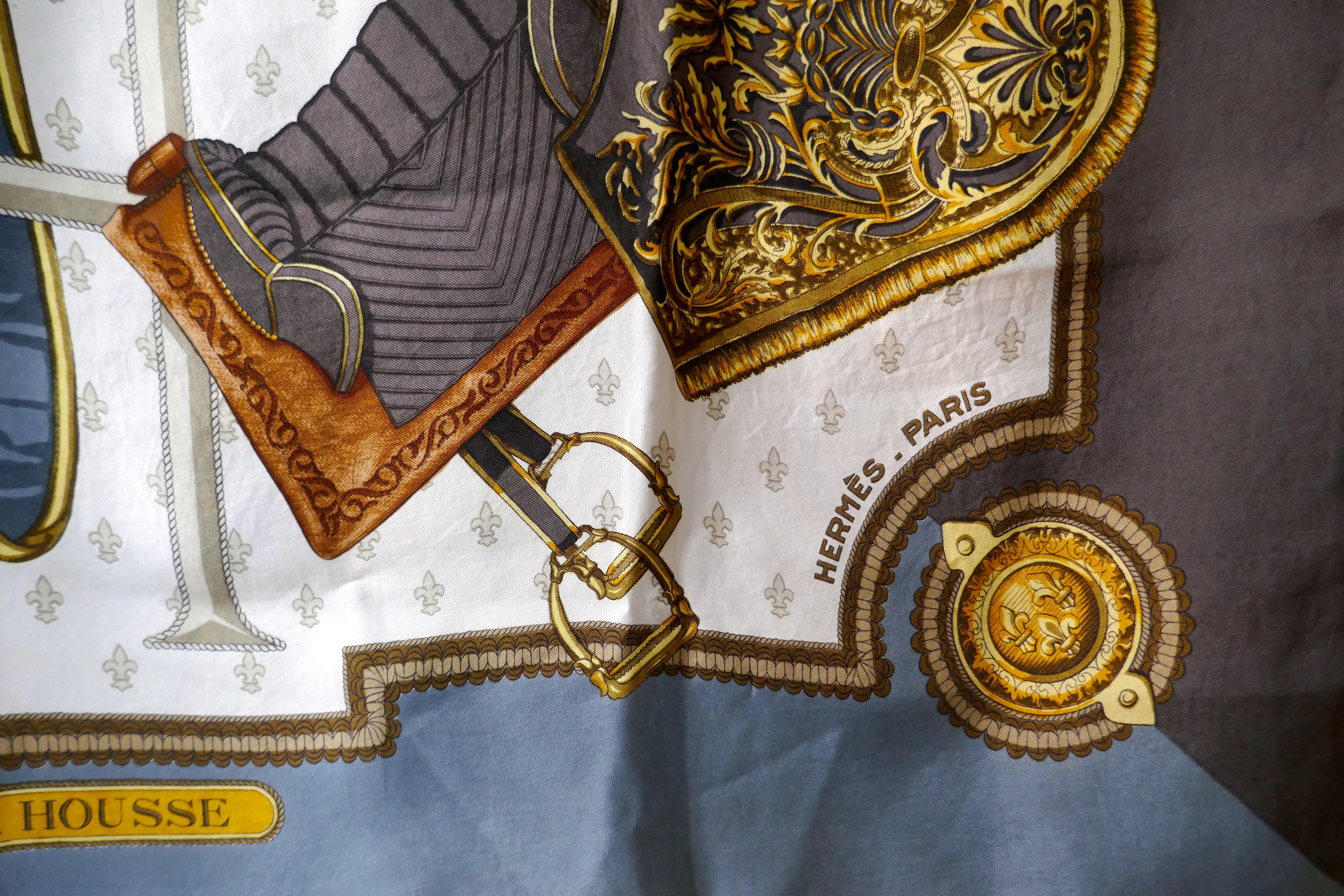 Black HERMÈS 1967  Silk Scarf designed by Christine Vauzelles “Selles a Housse”