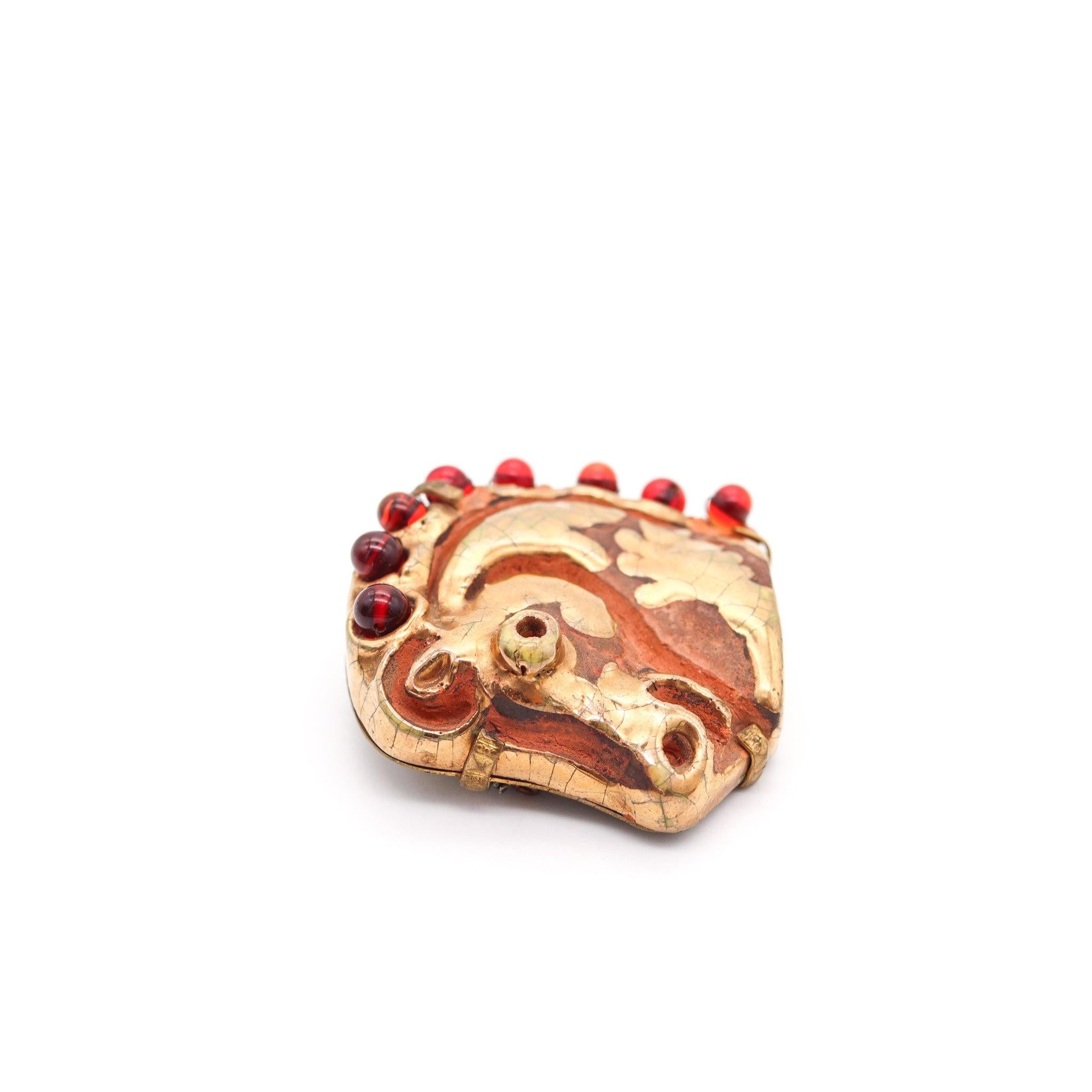 Women's or Men's HERMES 1970 Aldo Londi Bronze Brooch Of Horse Head In Glazed & Gilt Ceramic