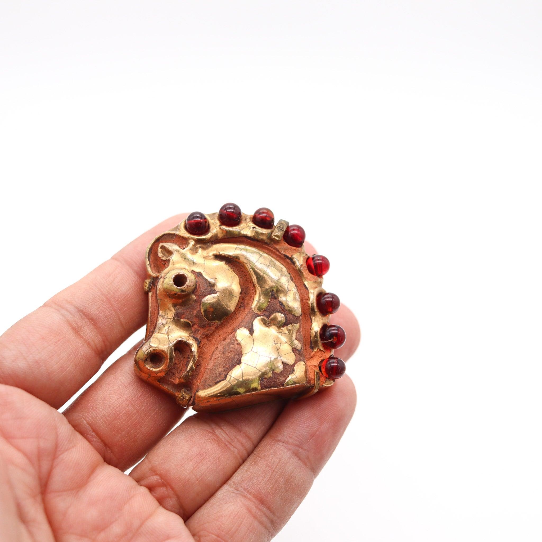 HERMES 1970 Aldo Londi Bronze Brooch Of Horse Head In Glazed & Gilt Ceramic 1