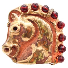 HERMES 1970 Aldo Londi Bronze Brooch Of Horse Head In Glazed & Gilt Ceramic
