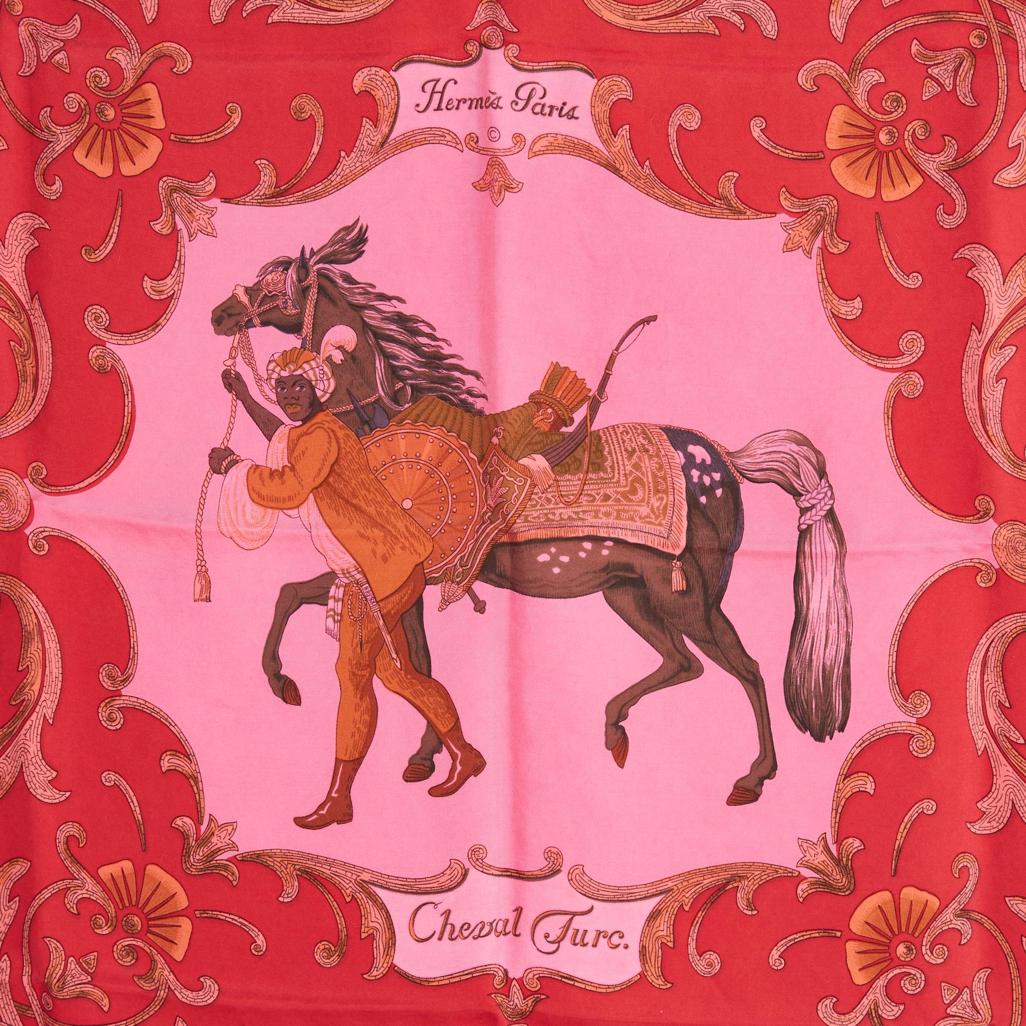 Rosa Hermès 1970 Foulard Carre 90 Cheval Turc Sciarpa in Twill di Seta tinta di rosa Carrs in vendita