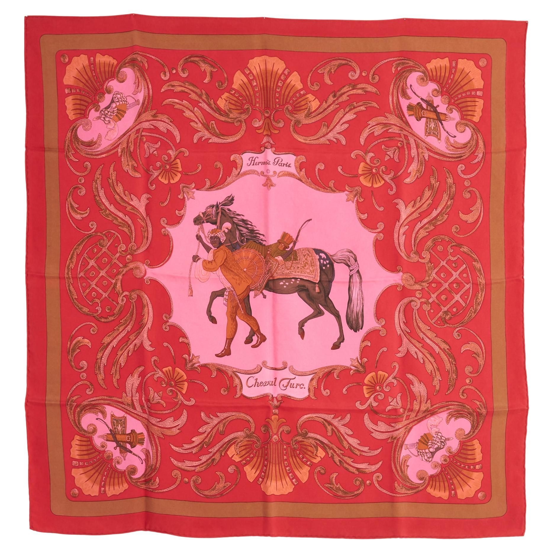 Hermès 1970 Foulard Carre 90 Cheval Turc Sciarpa in Twill di Seta tinta di rosa Carrs