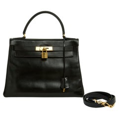Hermes 1970 Sac Kelly 28 Schwarze Box Leder Kelly Bag mit Gurt
