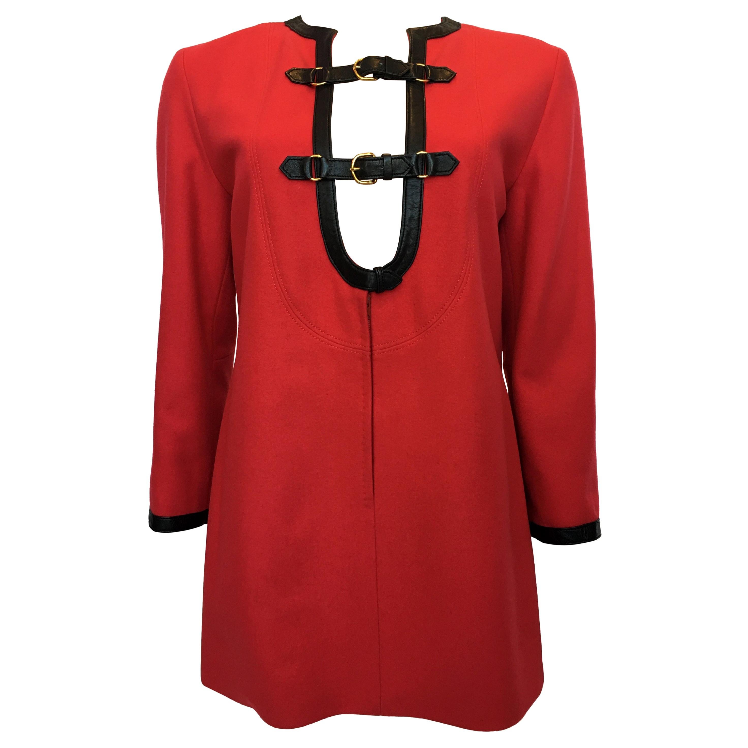 Hermes 1970's Crimson Red Tunic Top with Black Leather Strapping For Sale