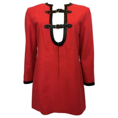 Hermes 1970's Crimson Red Tunic Top with Black Leather Strapping