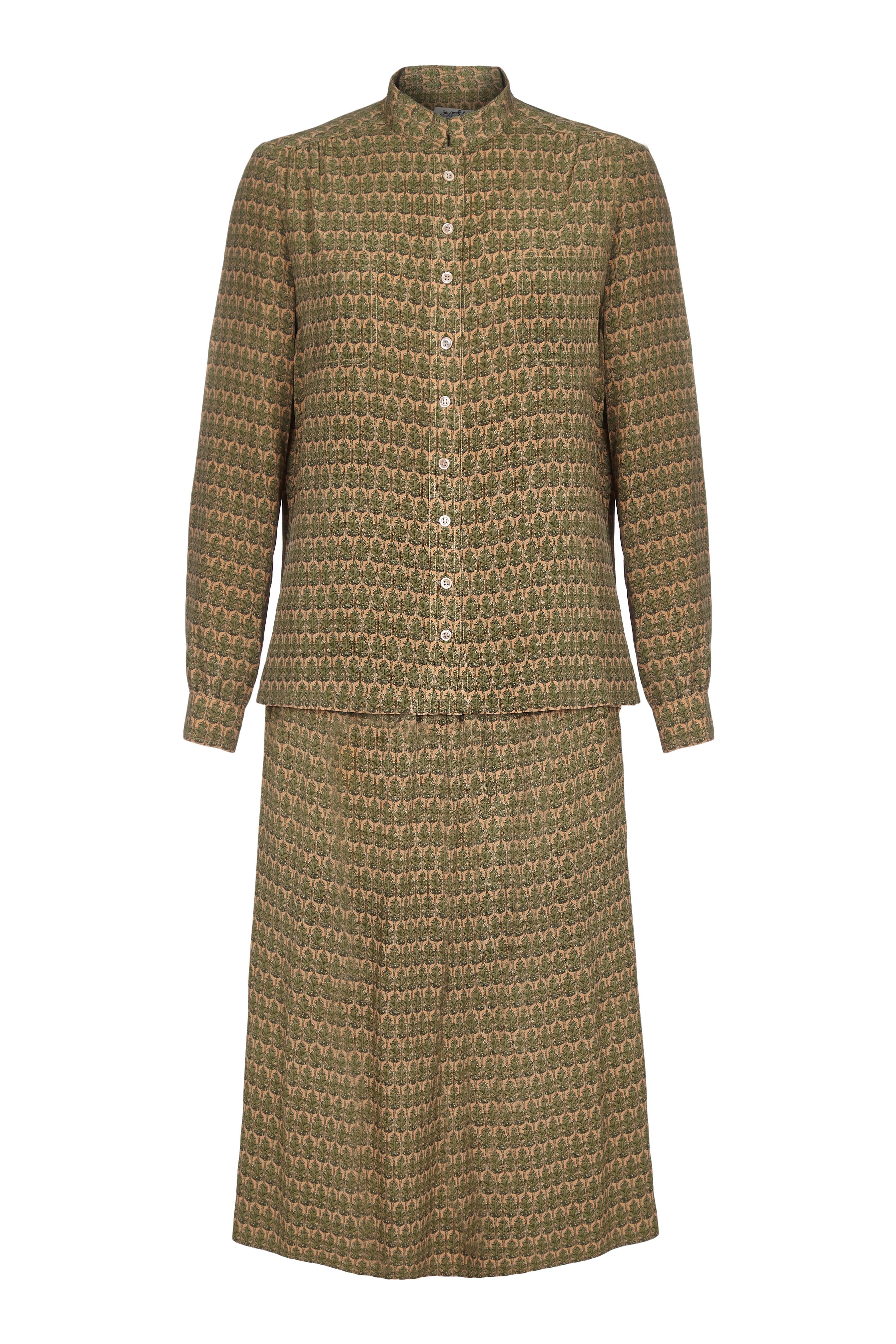 Brown Hermes 1970s Silk Sage Green Oakleaf Print Blouse and Skirt Suit