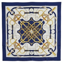 Hermès 1974 Foulard Carré 90 Eperon d Or Bufanda Carre Seda Oro Azul Marino Hermes