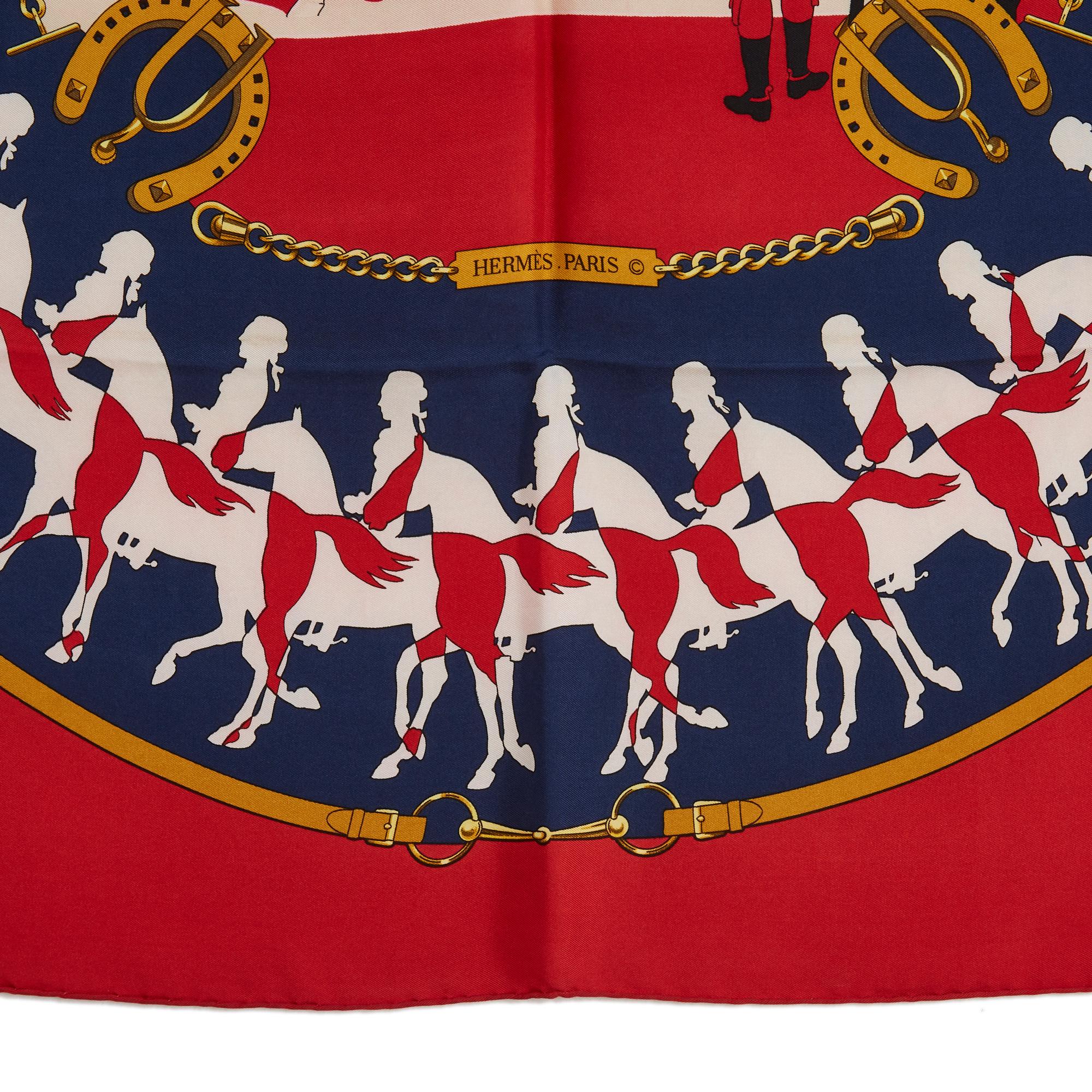 Women's or Men's Hermès 1974 Scarf Carre 90 Manege Red Navy For Sale