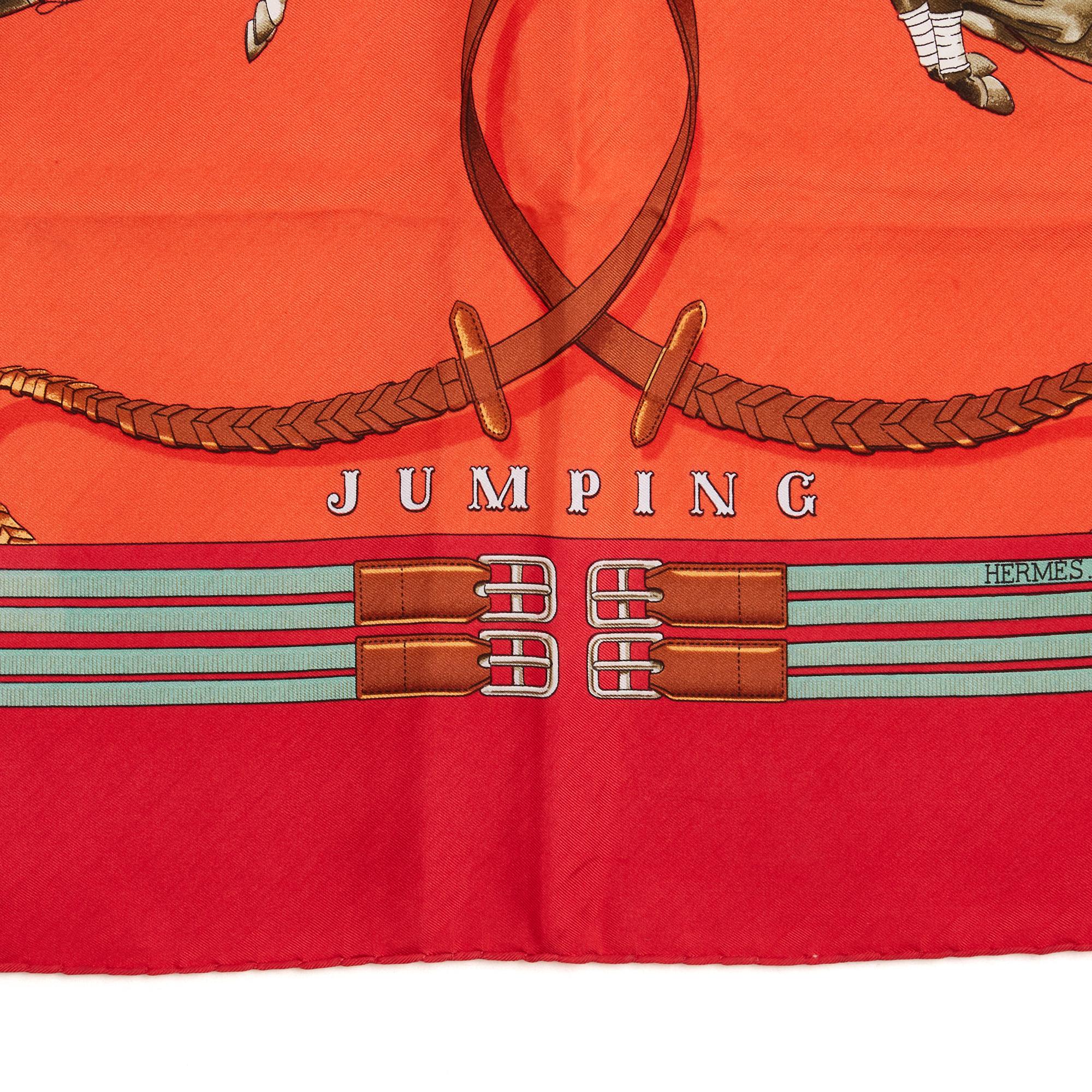 Hermès 1975 Foulard Carré 90 Jumping Red orange Silk Twill carre Scarf Hermes In Good Condition For Sale In PARIS, FR