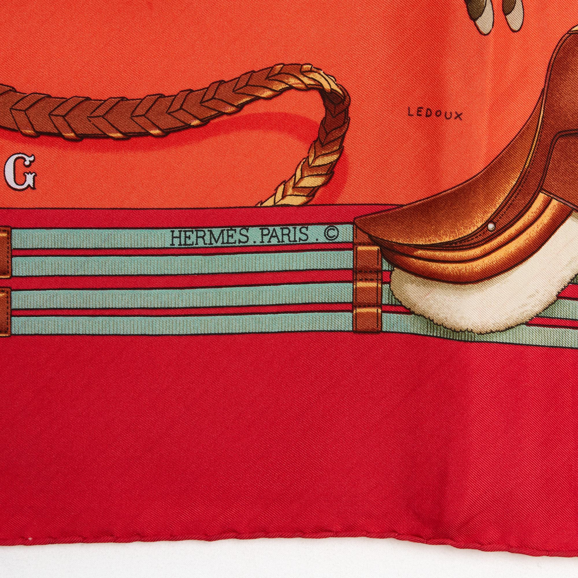 Women's or Men's Hermès 1975 Foulard Carré 90 Jumping Red orange Silk Twill carre Scarf Hermes For Sale