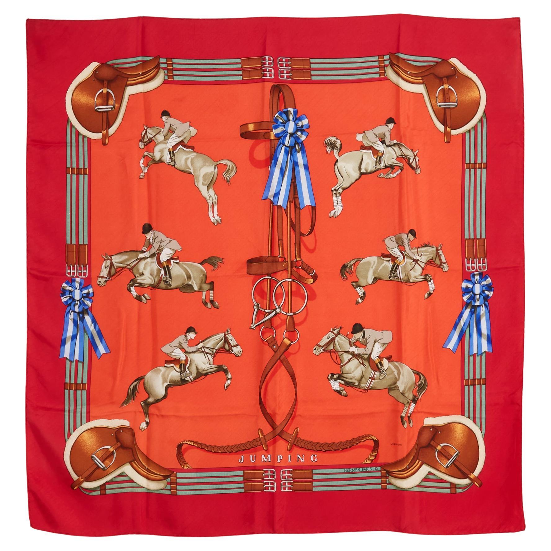 Hermès 1975 Foulard Carré 90 Jumping Red orange Silk Twill carre Scarf Hermes For Sale