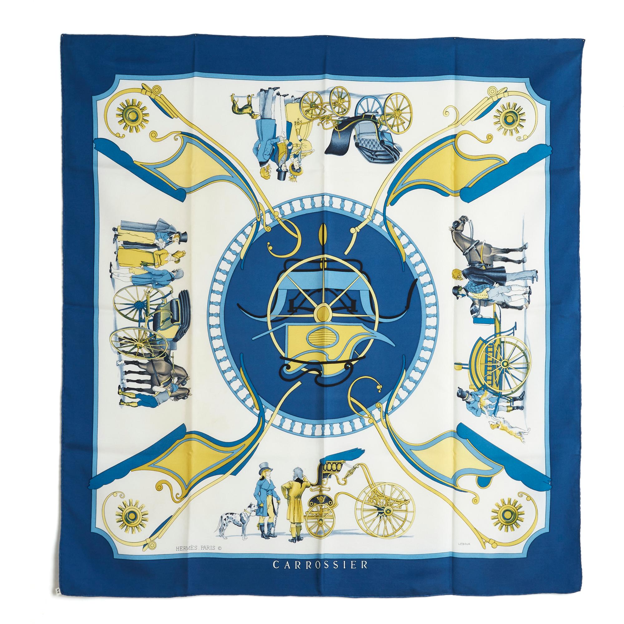 Hermès square 90 scarf in silk twill, Carrossier pattern by Philippe Ledoux, published in 1975, ecru background, pure blue edges. Width 90 cm x length 90 cm approximately. The square is vintage and it probably shows some traces of use but it remains