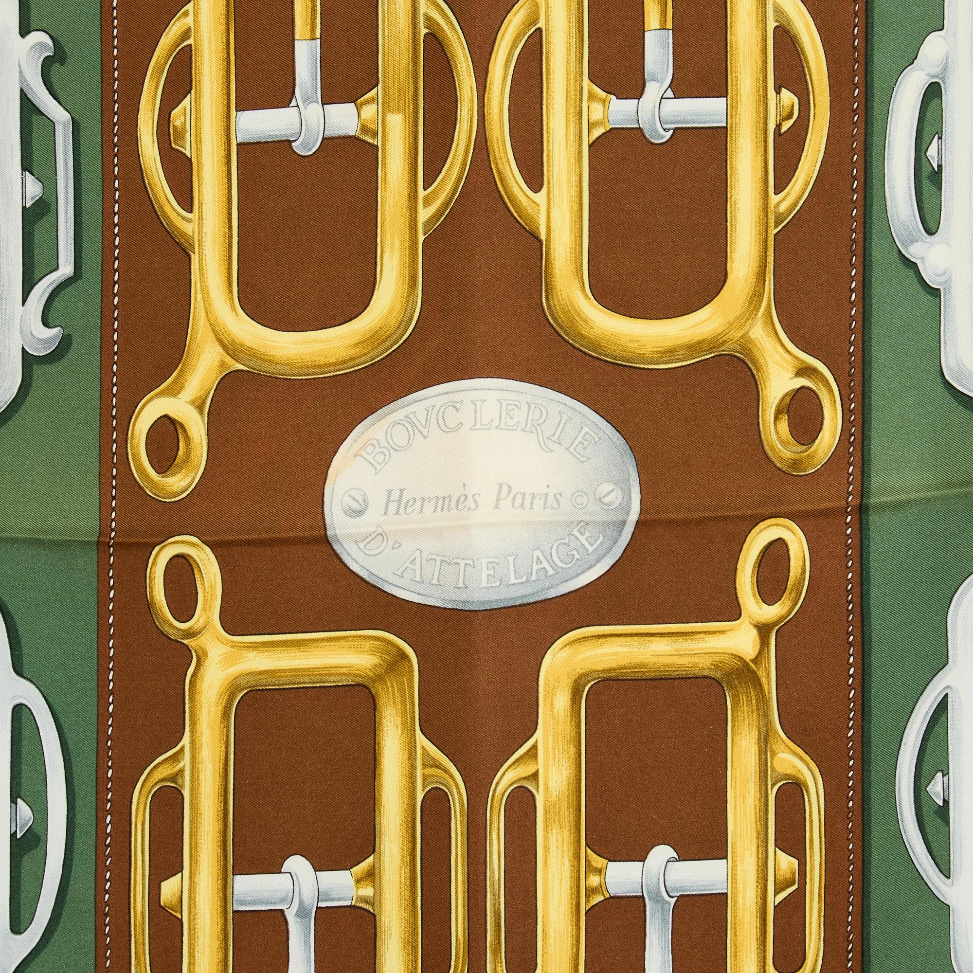Brown Hermès 1978 Foulard Carré 90 Bouclerie Attelage Khaki Silk Scarf Hermes