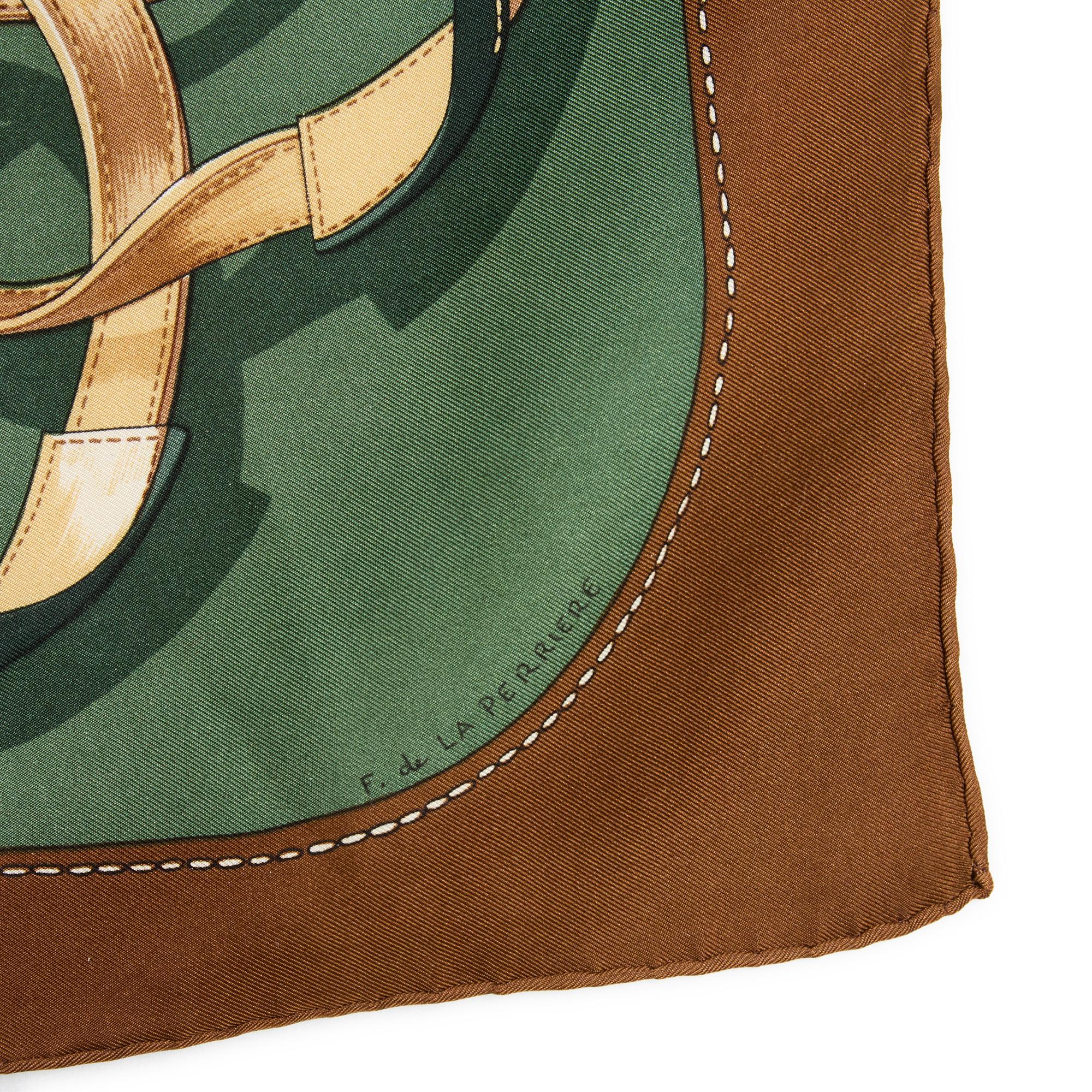 Hermès 1978 Foulard Carré 90 Bouclerie Attelage Khaki Silk Scarf Hermes In Good Condition In PARIS, FR