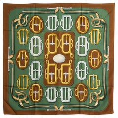 Hermès 1978 Foulard Carré 90 Bouclerie Attelage Khaki Silk Scarf Hermes