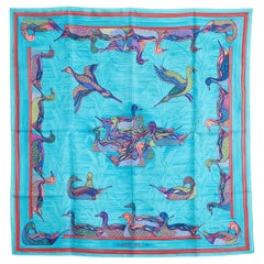 Hermès 1980 Foulard Carré 90 Mare aux Canards Foulard en Twill de soie turquoise Hermès