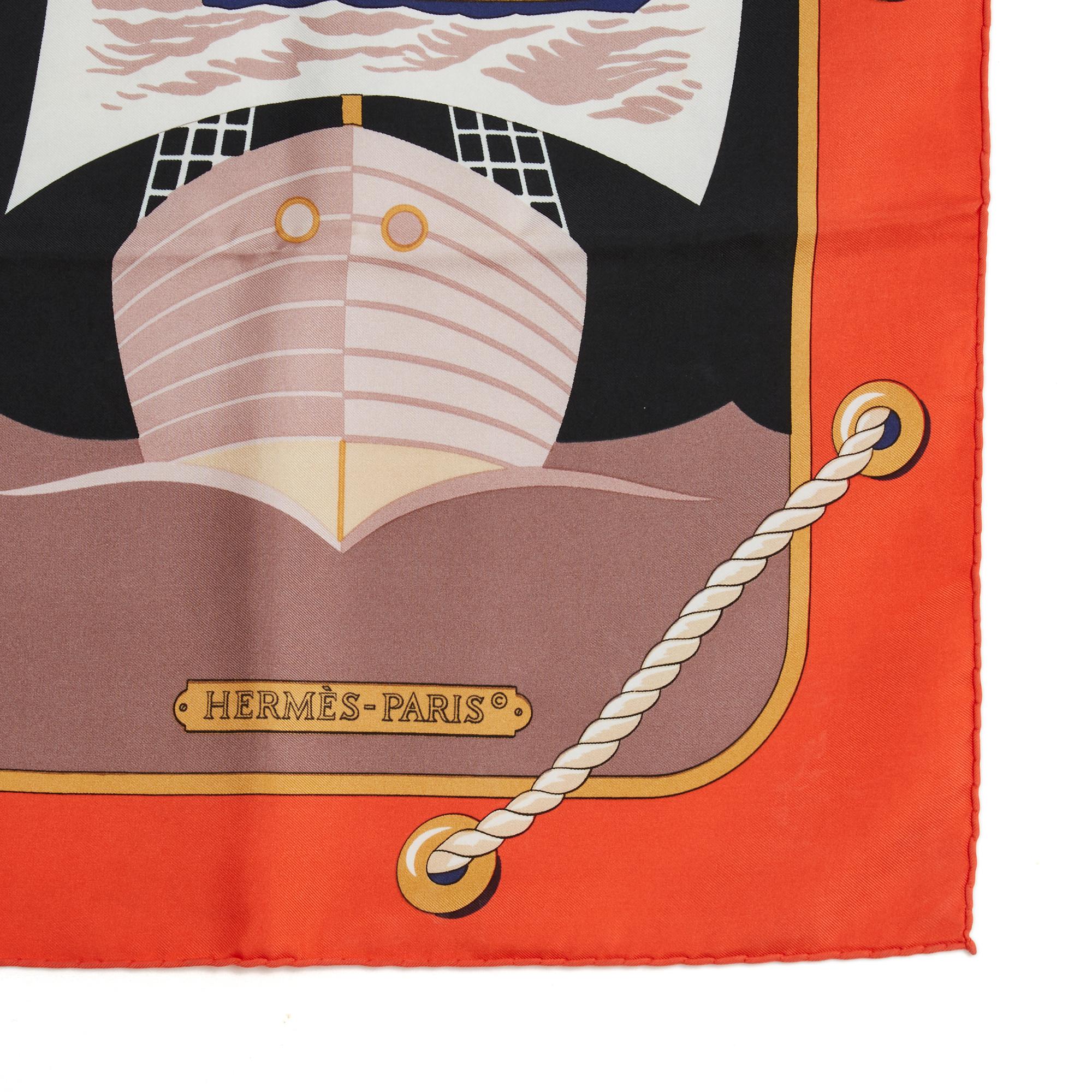 Hermès 1980 Scarf Carre 90 Grand Largue Coral black In Good Condition For Sale In PARIS, FR