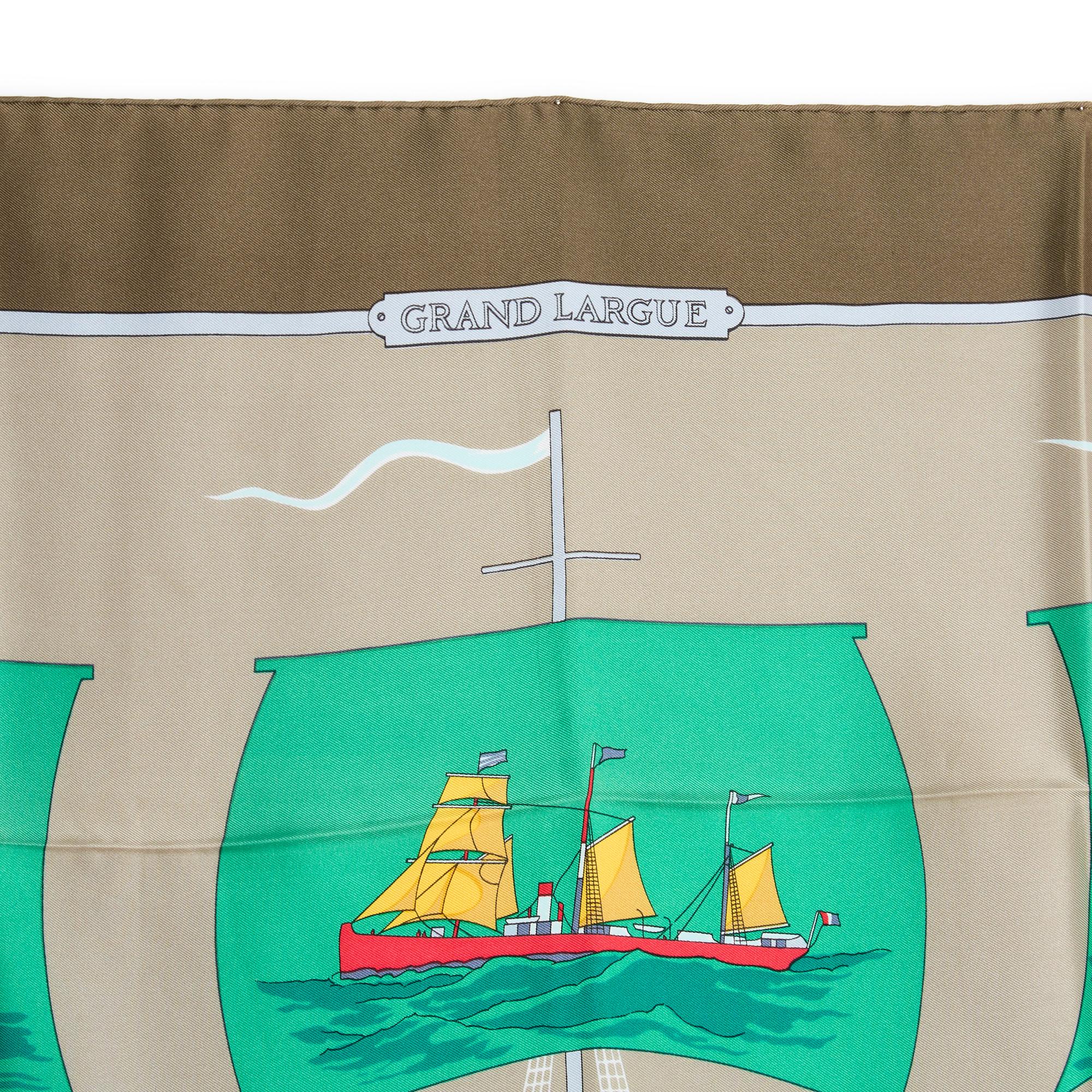 Hermès 1980 Scarf Carre 90 Grand Largue Green Blue Taupe In Good Condition For Sale In PARIS, FR