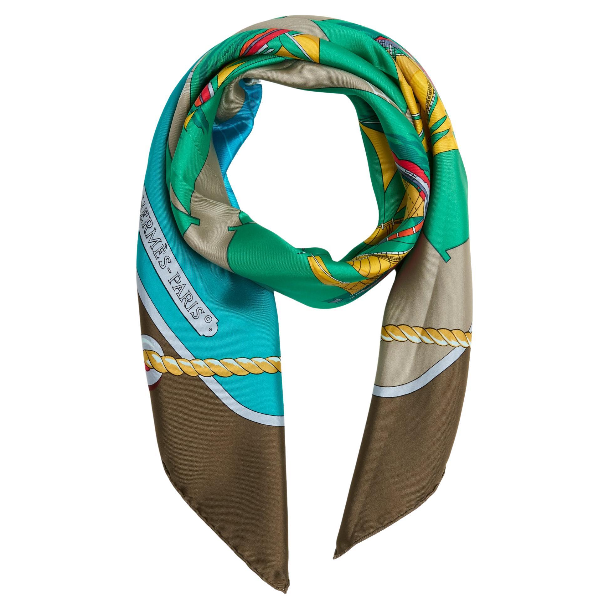 Hermès 1980 Scarf Carre 90 Grand Largue Green Blue Taupe en vente